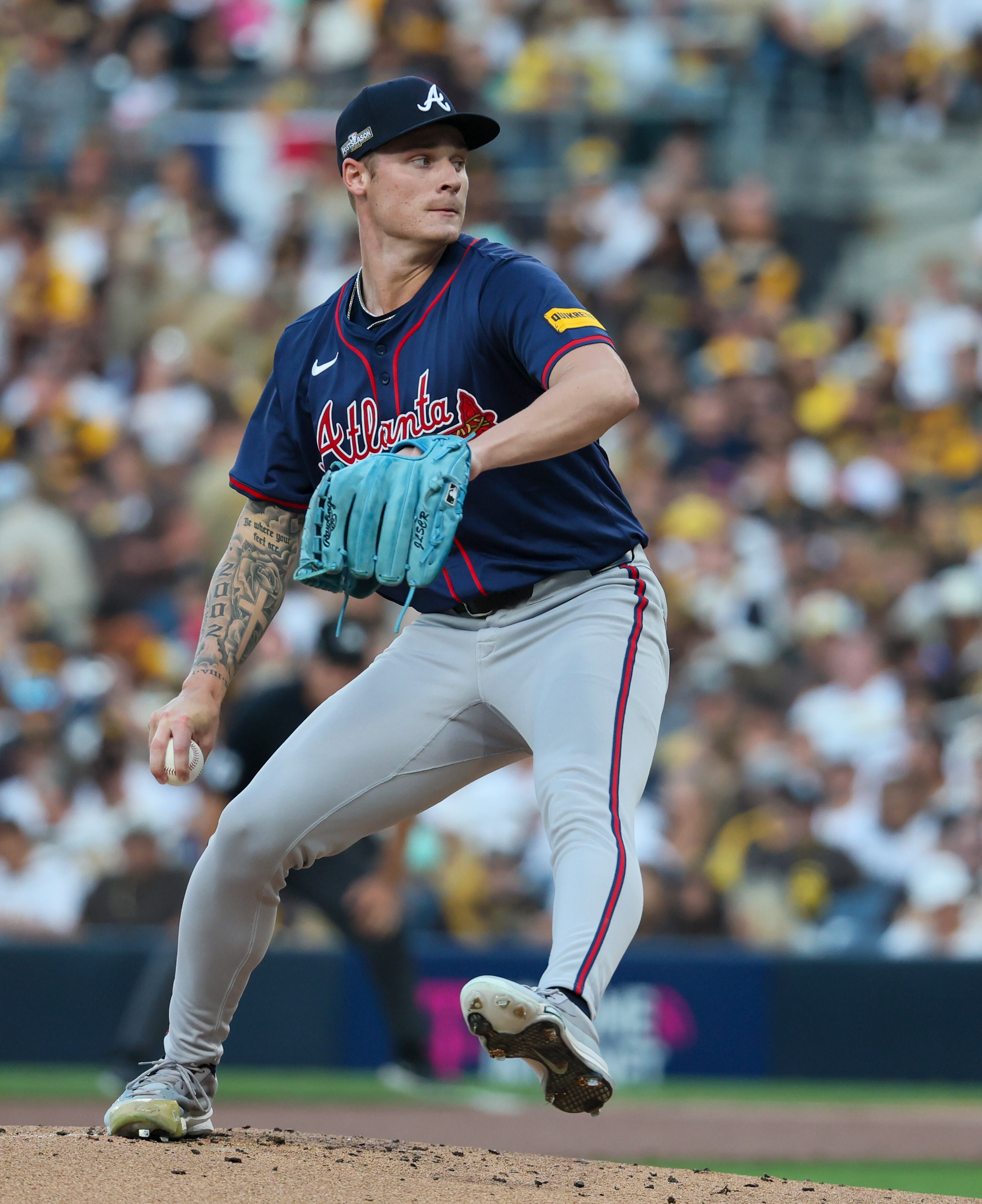 Atlanta Braves pitcher AJ Smith-Shawver (32) delivers to the San Diego Padres during the first inning of the National League Division Series Wild Card Game One at Petco Park in San Diego on Tuesday, Oct. 1, 2024. (Jason Getz / Jason.Getz@ajc.com)