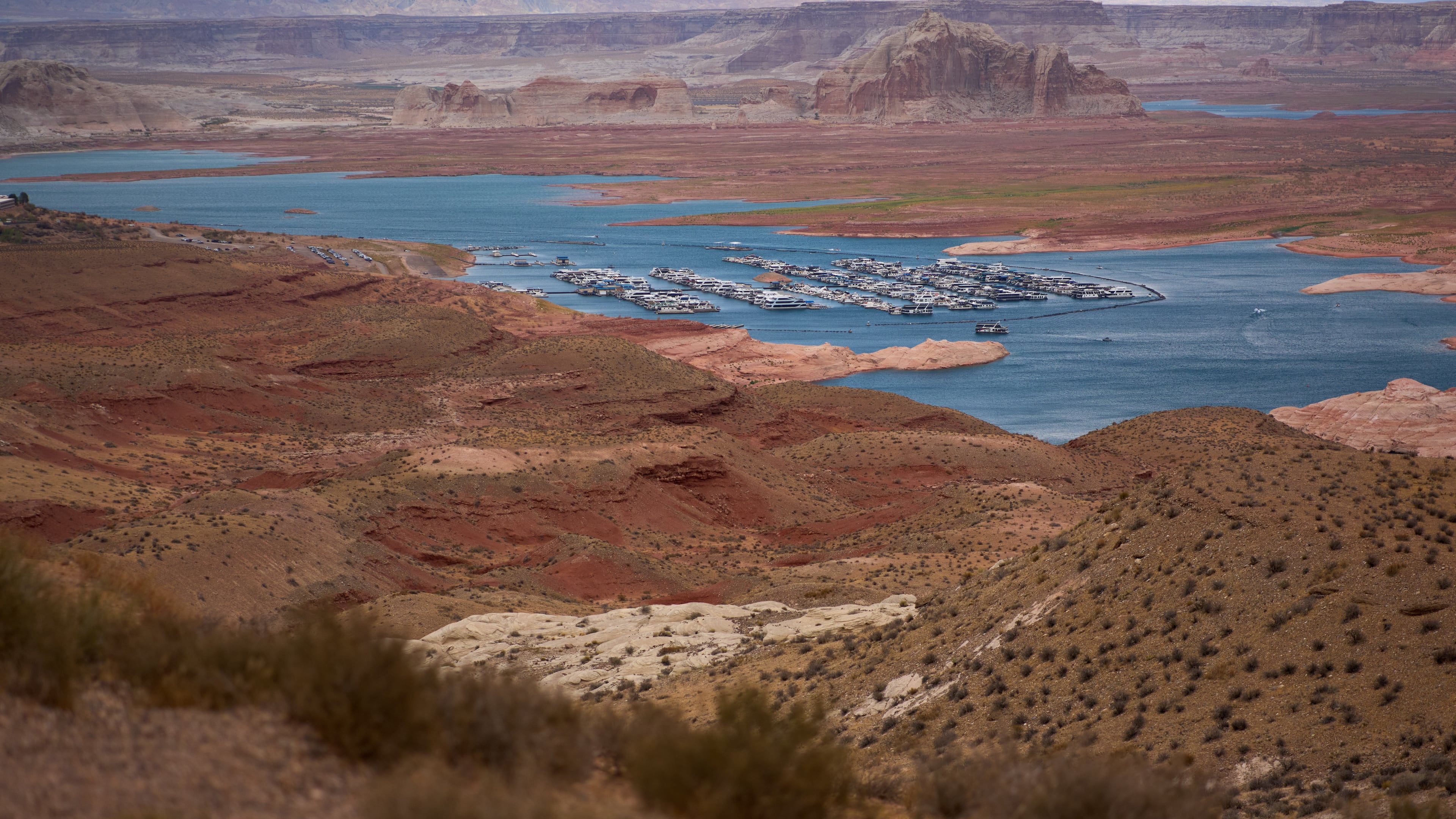 The Wahweap Marina floats on Lake Powell at the Glen Canyon National Recreation Area, Wednesday, July 15, 2026, near Page, Ariz. (AP Photo/John Locher)