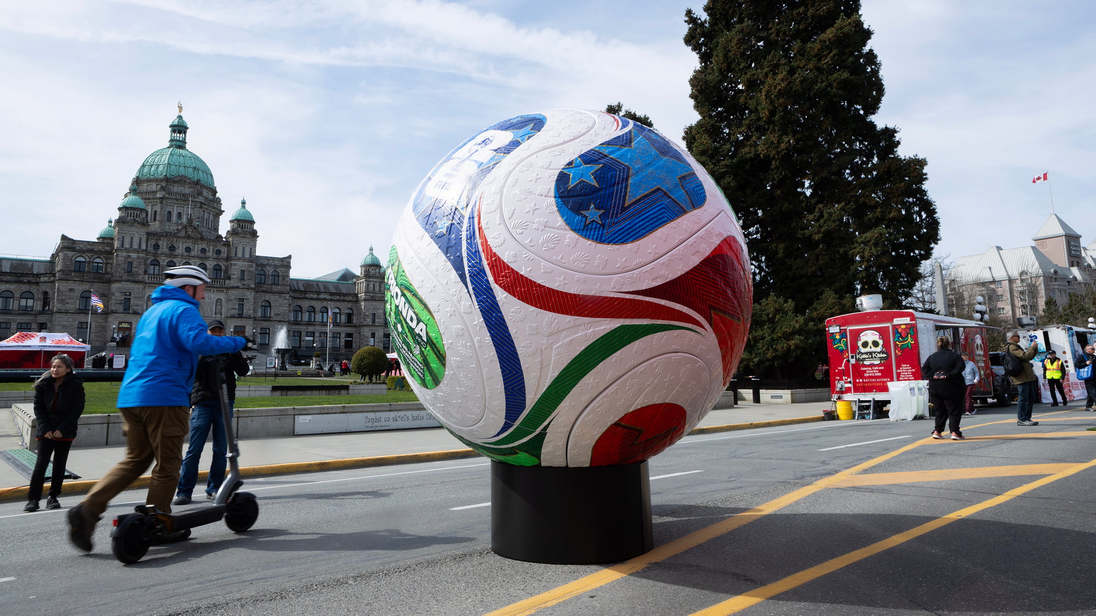 Soccer fans gathered on the grounds of the legislature to take part in the FIFA World Cup 2026 countdown celebration event in Victoria, B.C., on Tuesday, March 31, 2026. (Chad Hipolito/The Canadian Press via AP)