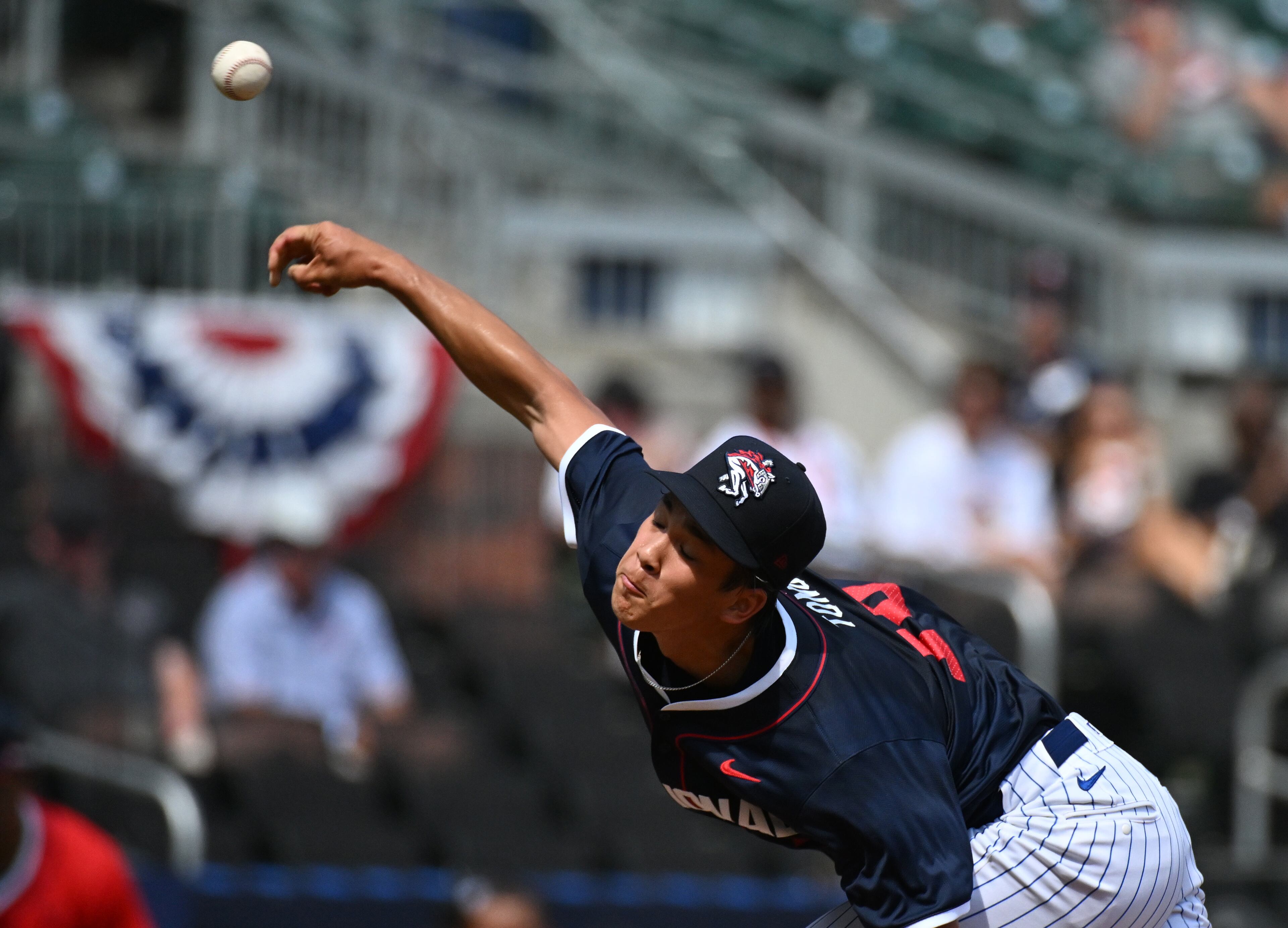 National League pitcher Jonah Tong (16) of the New York Mets throws a ball during the second inning of the All-Star Futures Game at Truist Park, Saturday, July 12, 2025, in Atlanta. National League won 4-2 over American League. (Hyosub Shin / AJC)