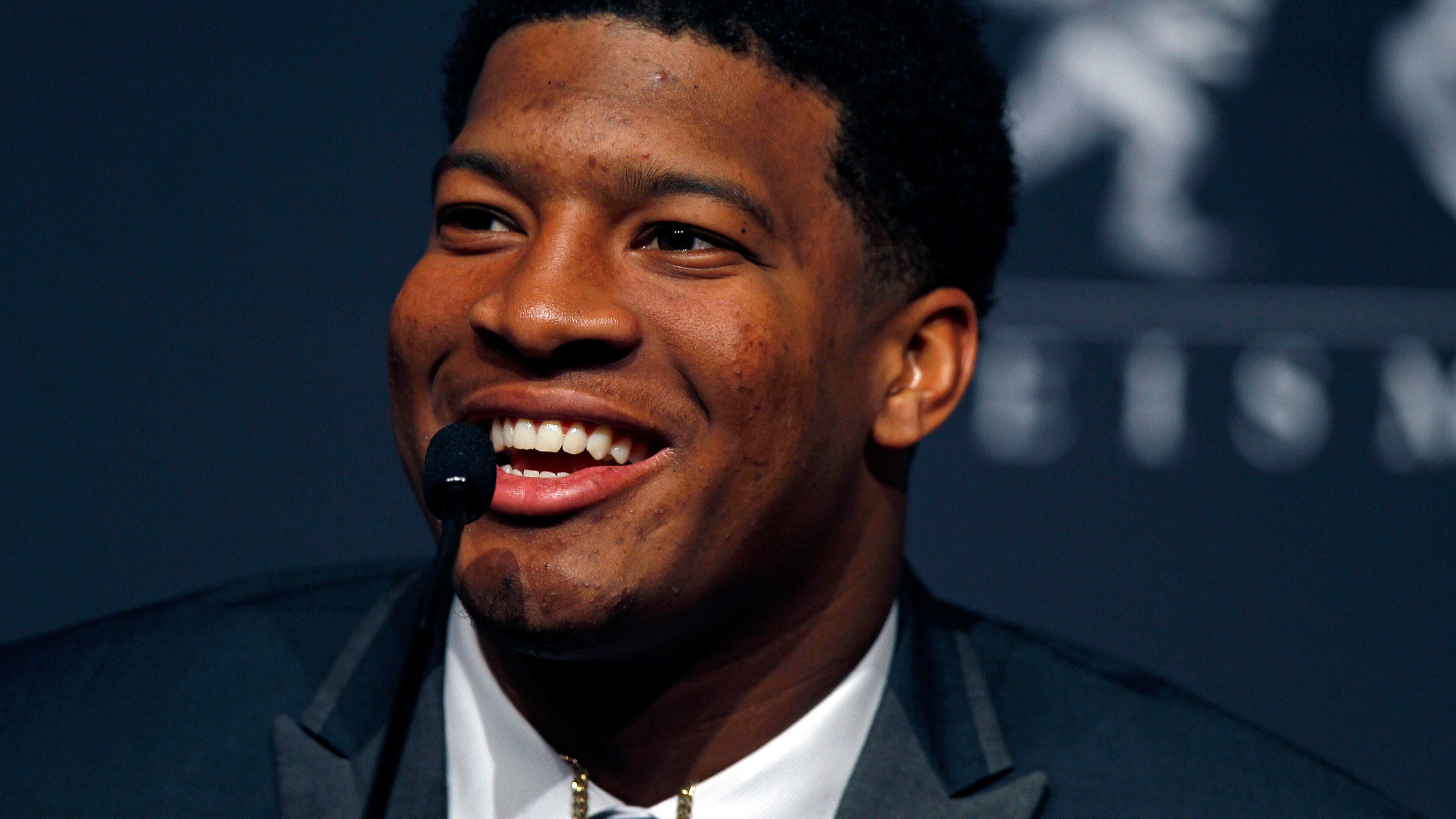 Florida State Seminoles quarterback Jameis Winston during a press conference before the announcement of the 2013 Heisman Trophy winner at the Marriott Marquis in New York City. Florida State Seminoles quarterback Jameis Winston won the award, becoming the youngest winner in Heisman history. Mandatory Credit: Adam Hunger-USA TODAY Sports