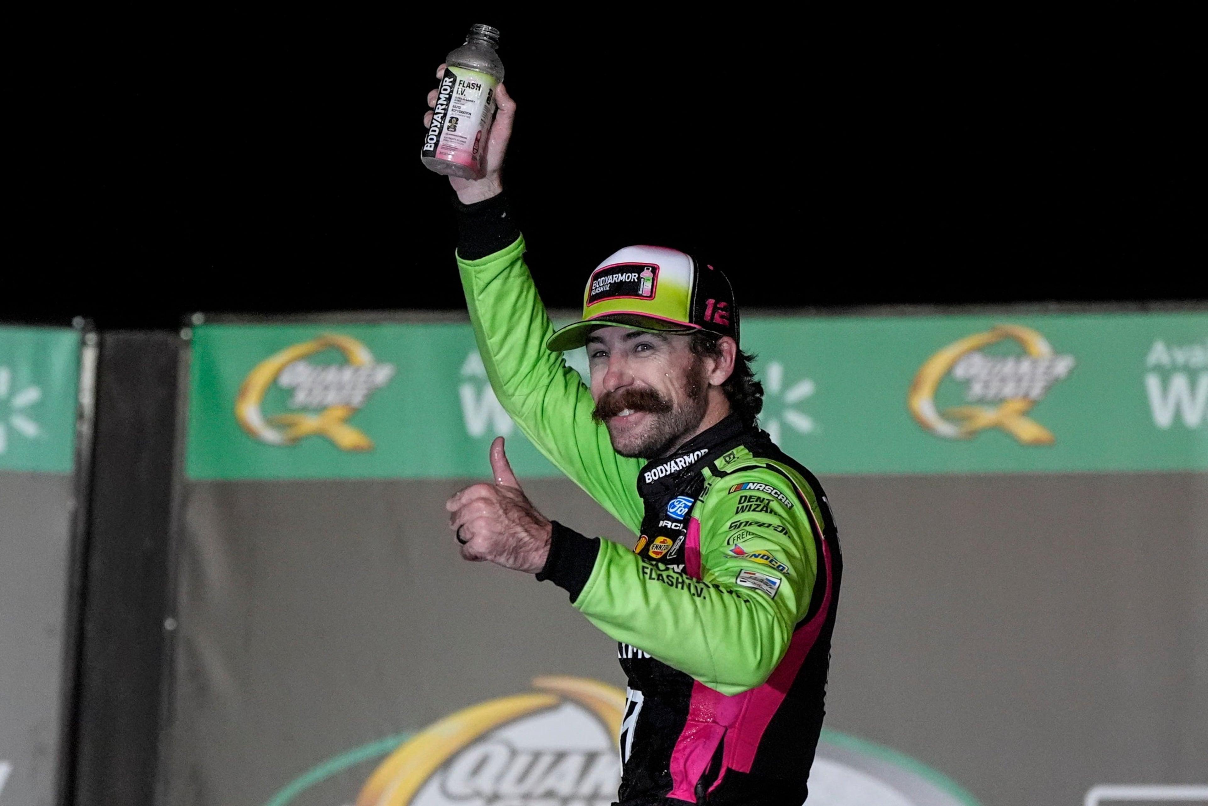 Ryan Blaney won Sunday's weather-delayed Quaker State 400 at Atlanta's EchoPark Speedway. (Mike Stewart/AP)
