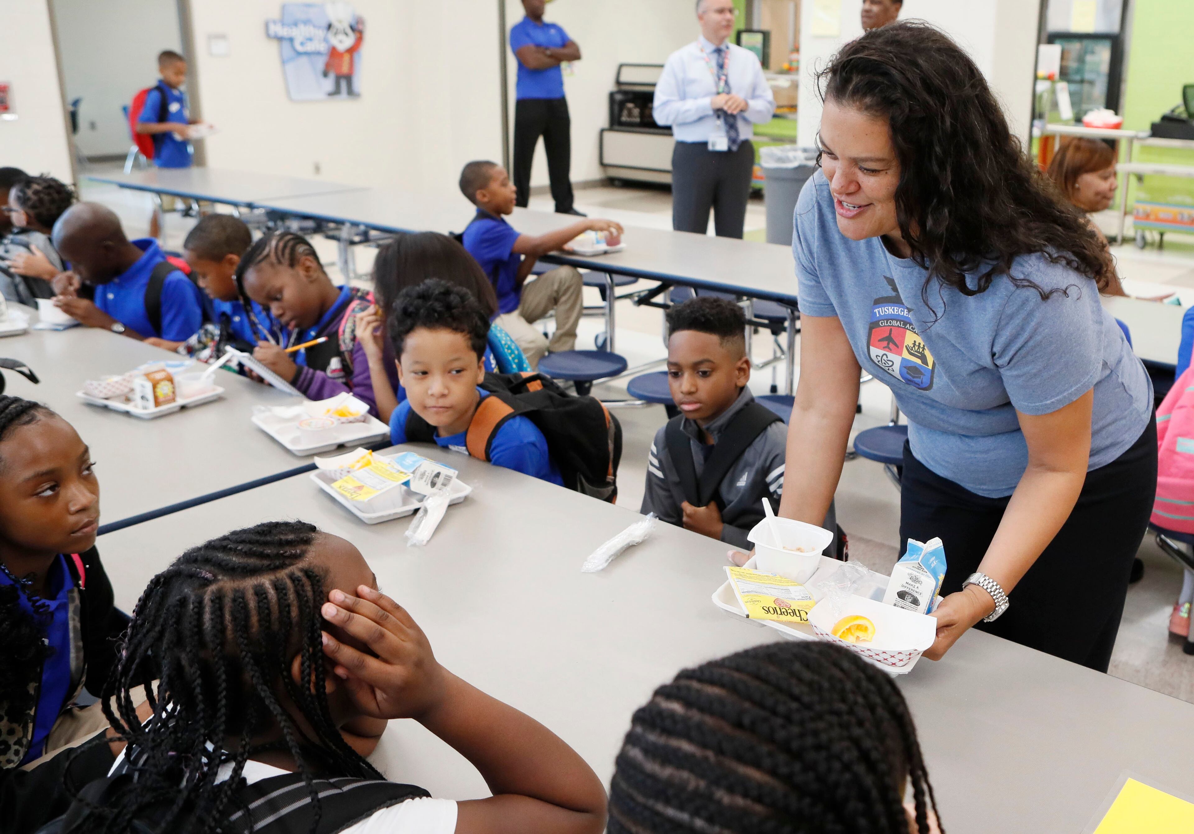 August 12, 2019, 2019 - Atlanta - On the first day of school, Atlanta Schools Superintendent Meria Carstarphen paid a visit to Tuskegee Airmen Global Academy and had breakfast with some of the students. It's a new school building. The cost of the building project was $30.5 million. Bob Andres / robert.andres@ajc.com