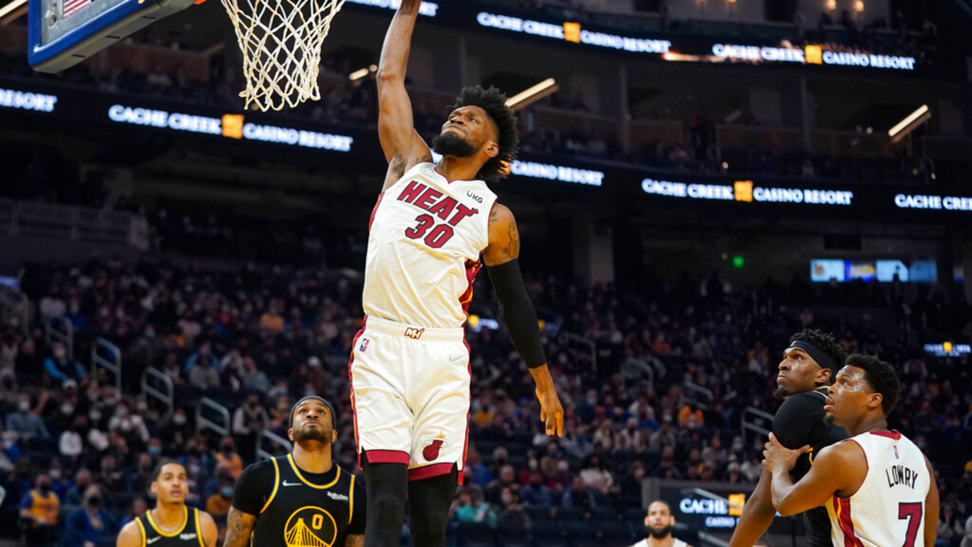 Miami Heat forward Chris Silva (30) during an NBA basketball game against the Golden State Warriors in San Francisco, Monday, Jan. 3, 2022. (AP Photo/Jeff Chiu)