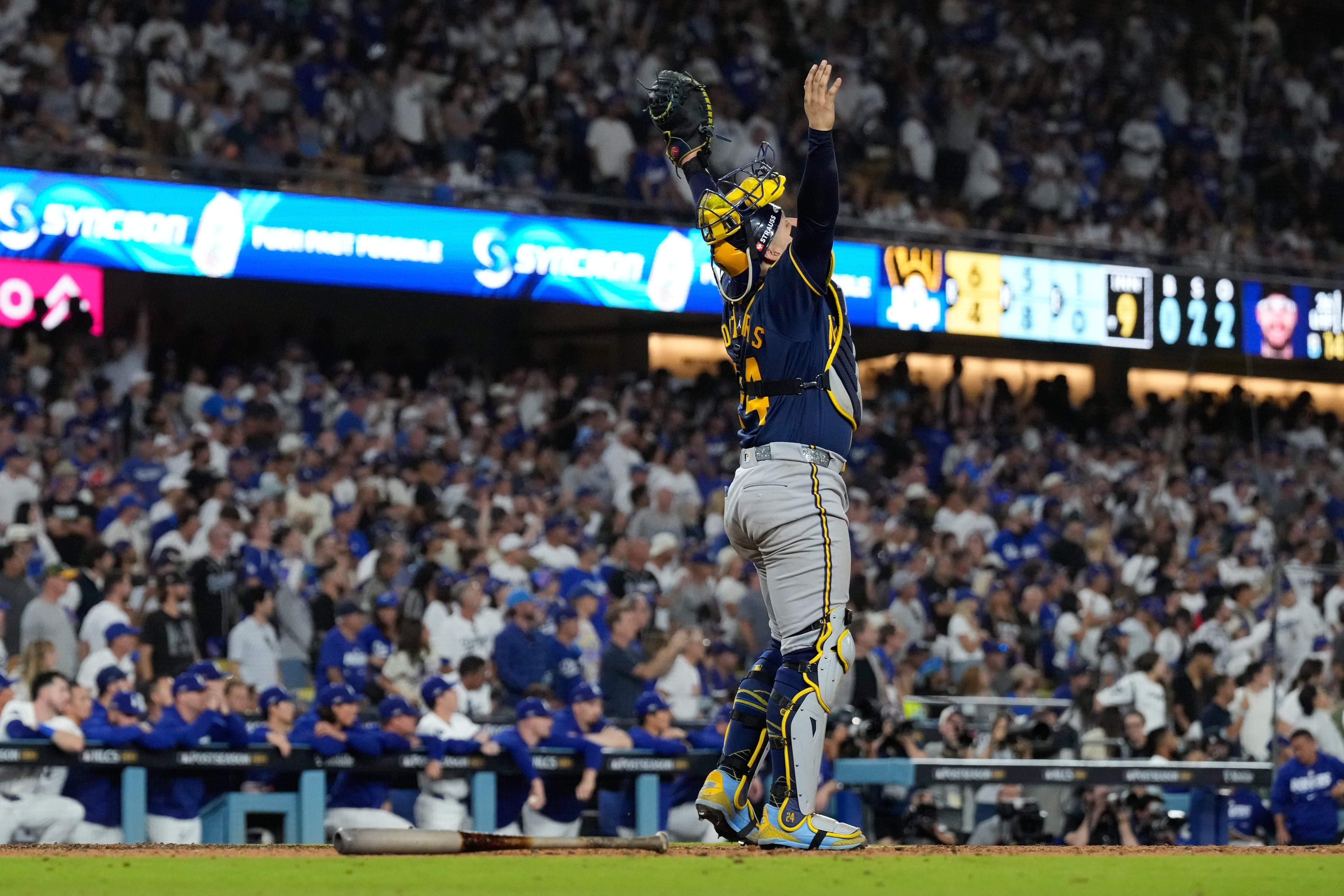 Milwaukee Brewers catcher William Contreras celebrates the final out of the NLCS. More on him momentarily. (Ashley Landis/AP)