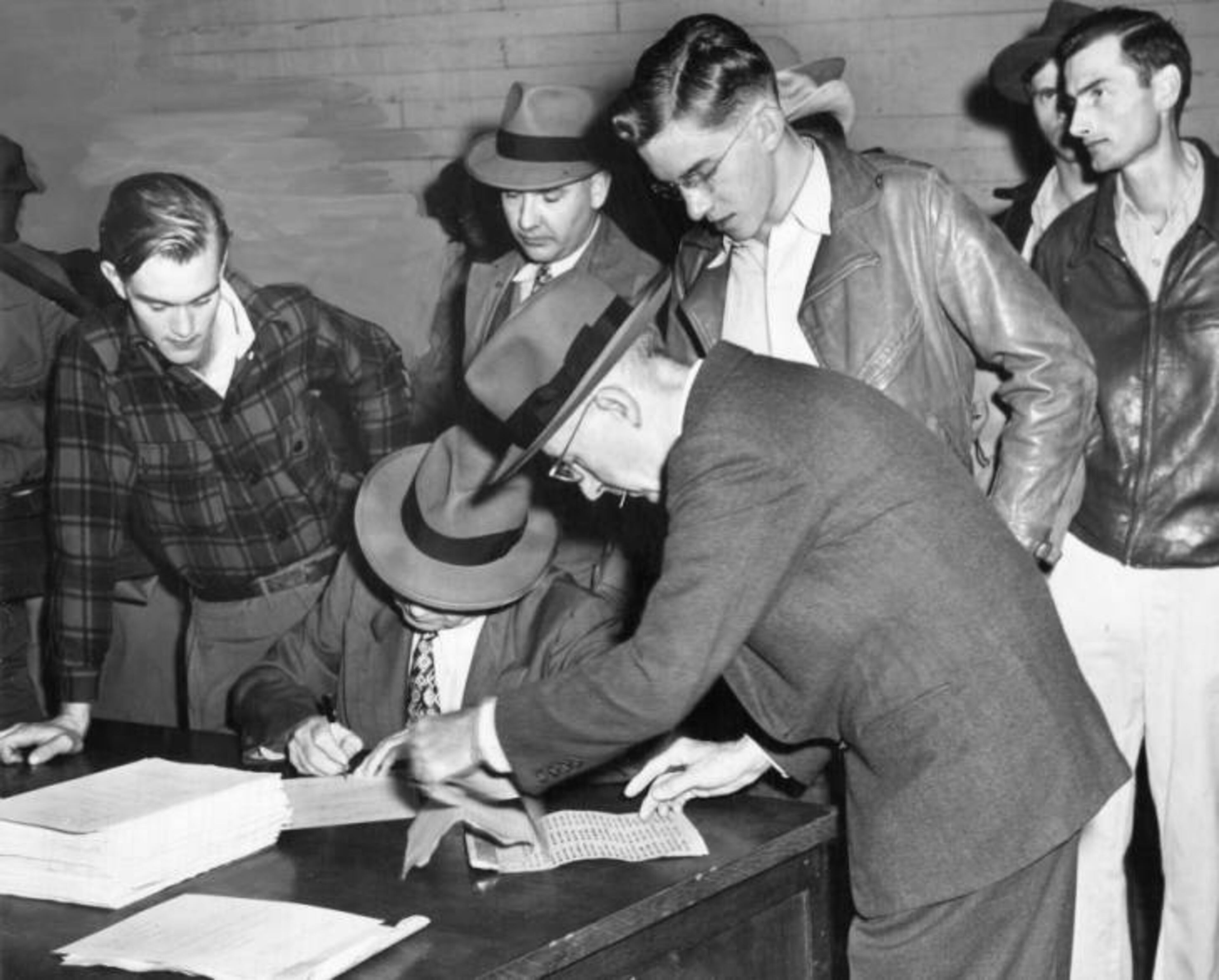 1949 -- Workers receive scrip for groceries from union officials during a strike against Atlantic Steel. AJC PHOTO ARCHIVES