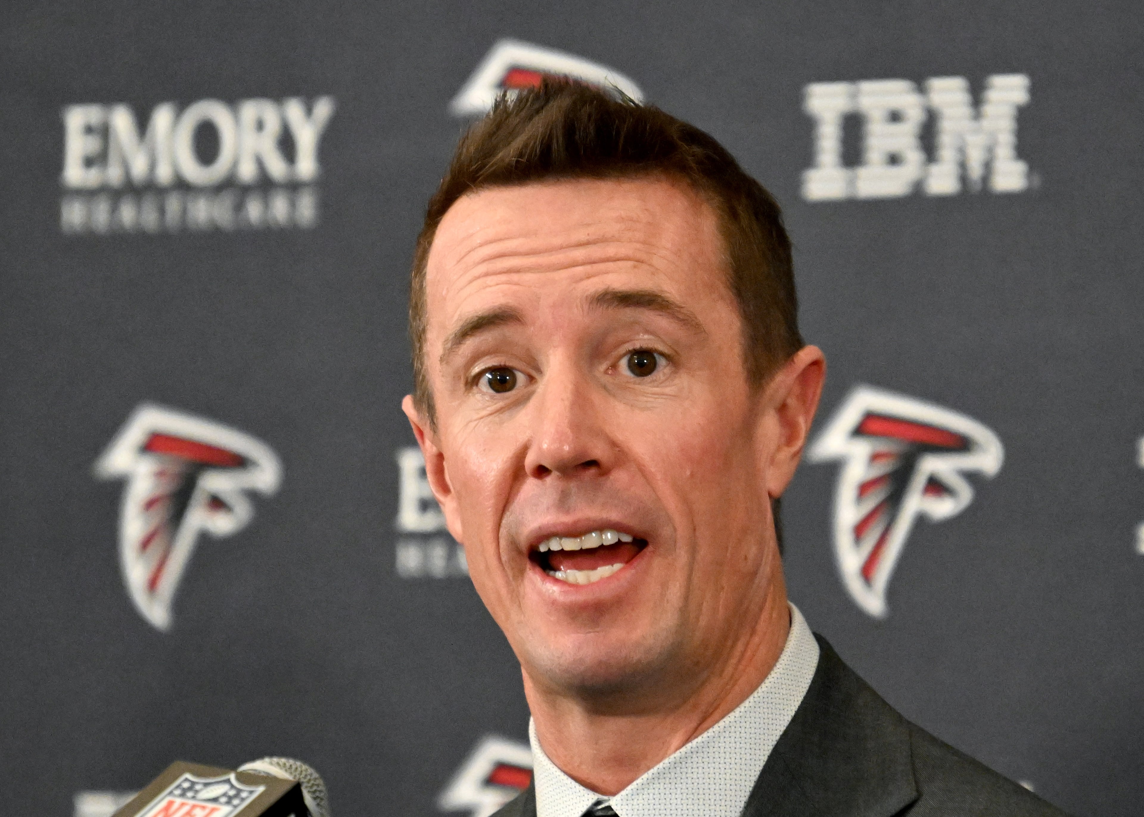 New Atlanta Falcons president of football Matt Ryan speaks to members of the press during a news conference to introduce Ryan as the Falcons' president of football, Tuesday, Jan. 13, 2026, in Flowery Branch. (Hyosub Shin/AJC)