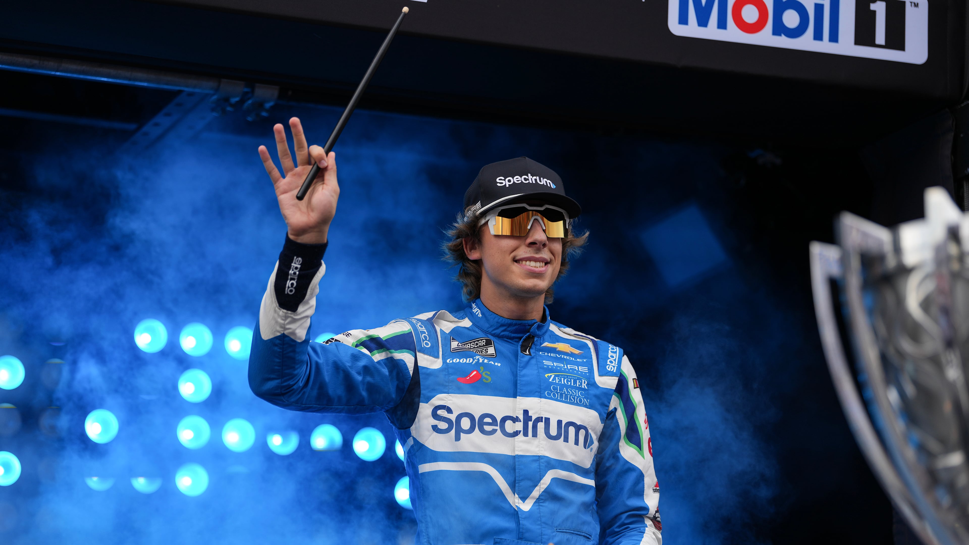 Carson Hocevar is introduced to fans prior to a NASCAR Cup Series auto race Sunday, Sept. 6, 2026, in Darlington, S.C. (AP Photo/Matt Kelley)