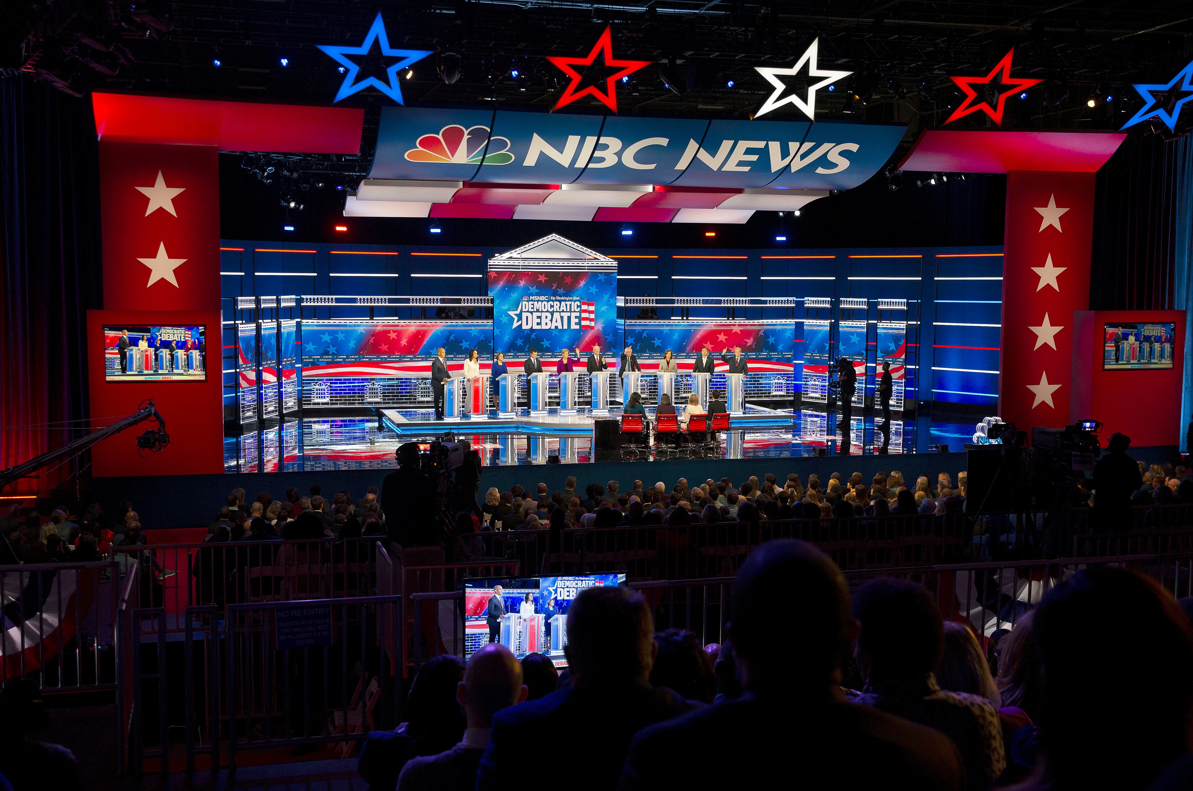 11/20/2019 -- Atlanta, Georgia -- Ten democratic candidates take the stage, during the MSNBC/The Washington Post Democratic Presidential debate inside the Oprah Winfrey Soundstage at Tyler Perry Studios, Monday, November 20, 2019. (Alyssa Pointer/Atlanta Journal Constitution)