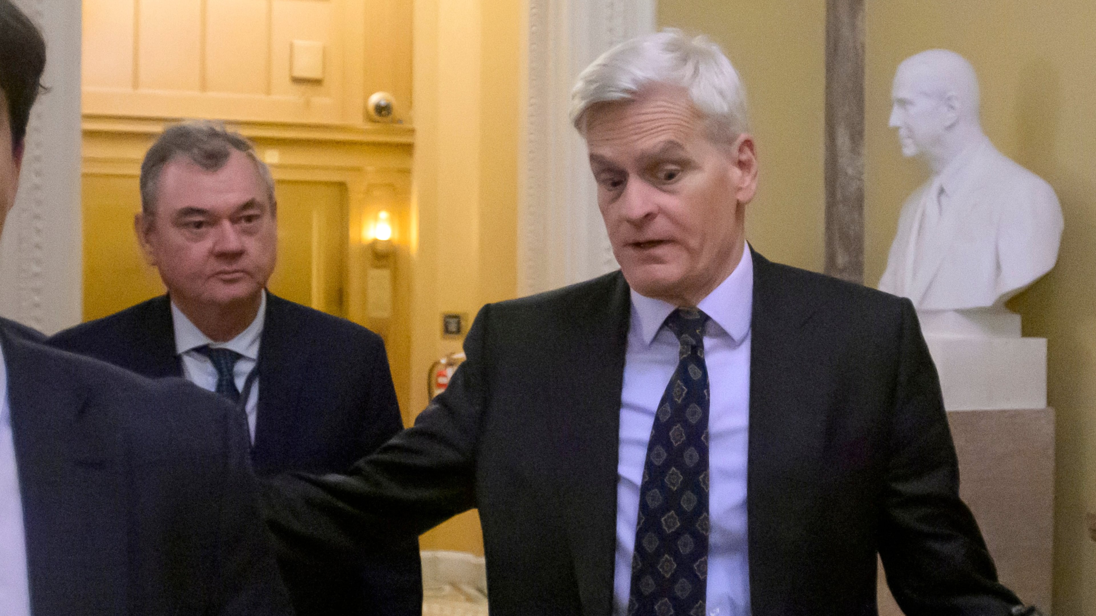 Sen. Bill Cassidy, R-La., departs the U.S. Capitol prior to a confirmation vote for acting Attorney General Todd Blanche, Friday, Aug. 7, 2026, in Washington. (AP Photo/Rod Lamkey, Jr.)