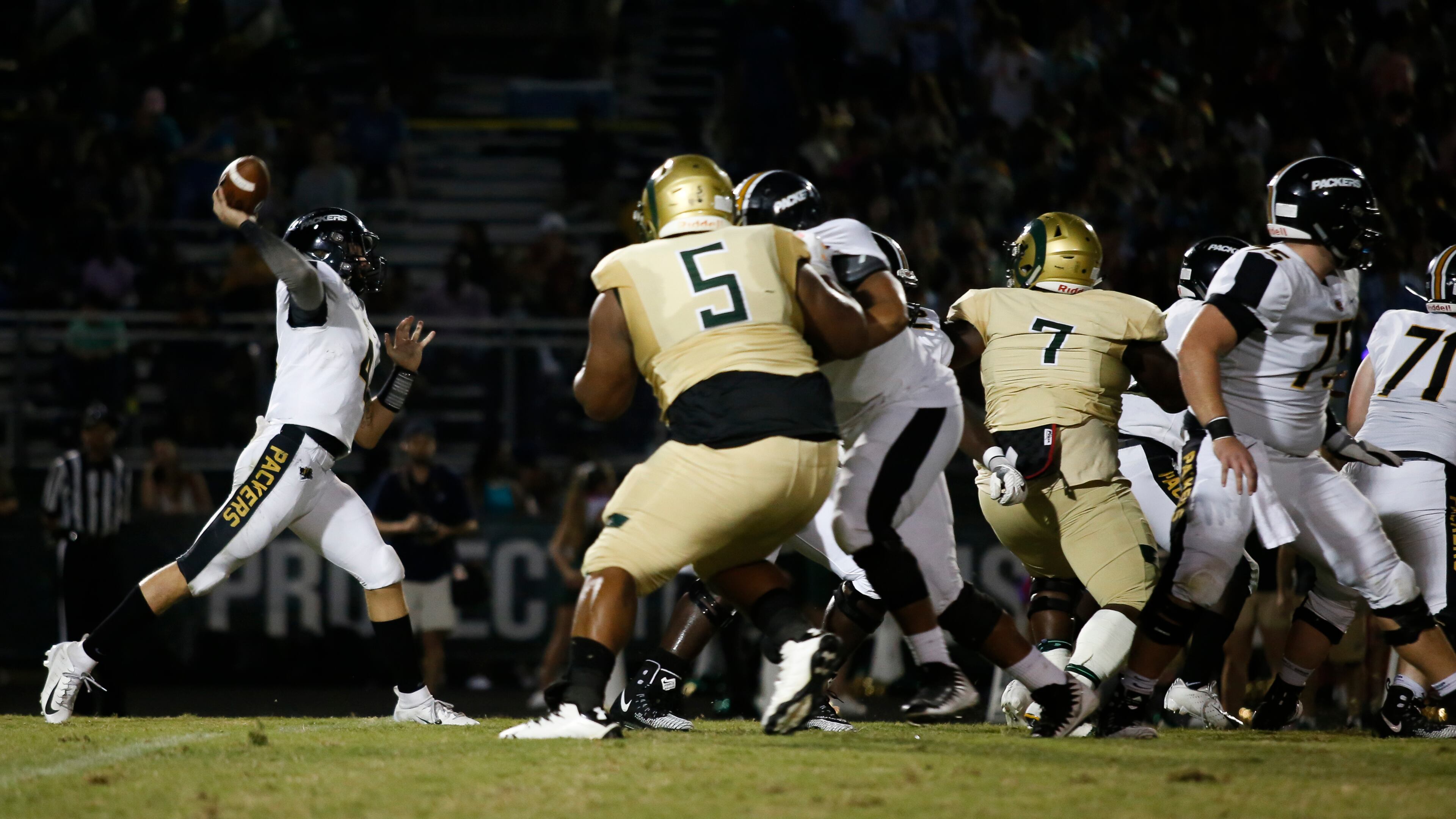 Colquitt County quarterback Jaycee Harden (4) throws a pass during the first half of a high school football game between Grayson and Colquitt County at Grayson High School in Loganville, Ga., on Fri., Sept. 21, 2018. (Casey Sykes for The Atlanta Journal-Constitution)