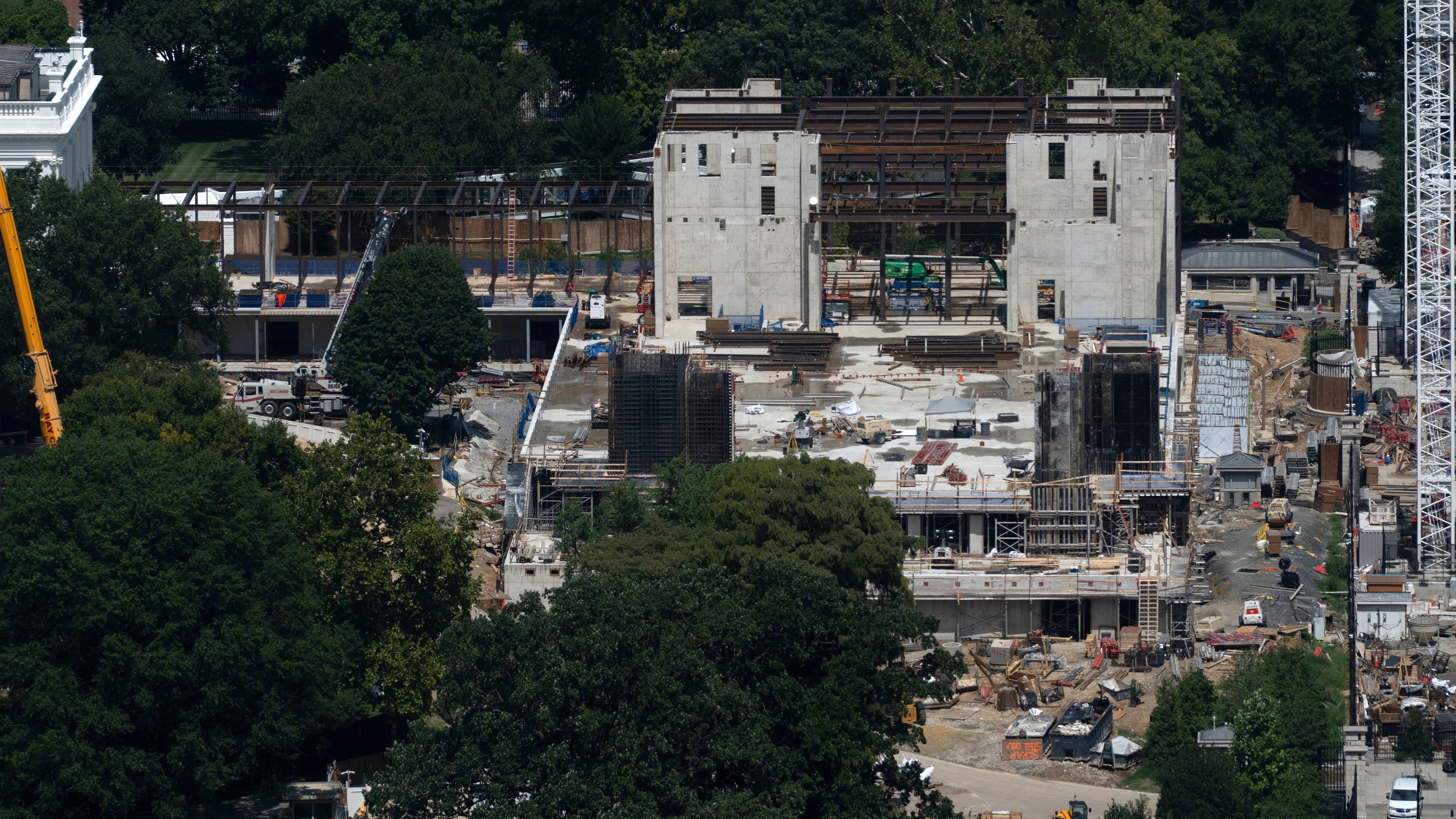 The new White House ballroom under construction, built on the demolished East Wing, is pictured, as seen from the Washington Monument, Sunday, August. 23, 2026, in Washington. (AP Photo/Manuel Balce Ceneta)