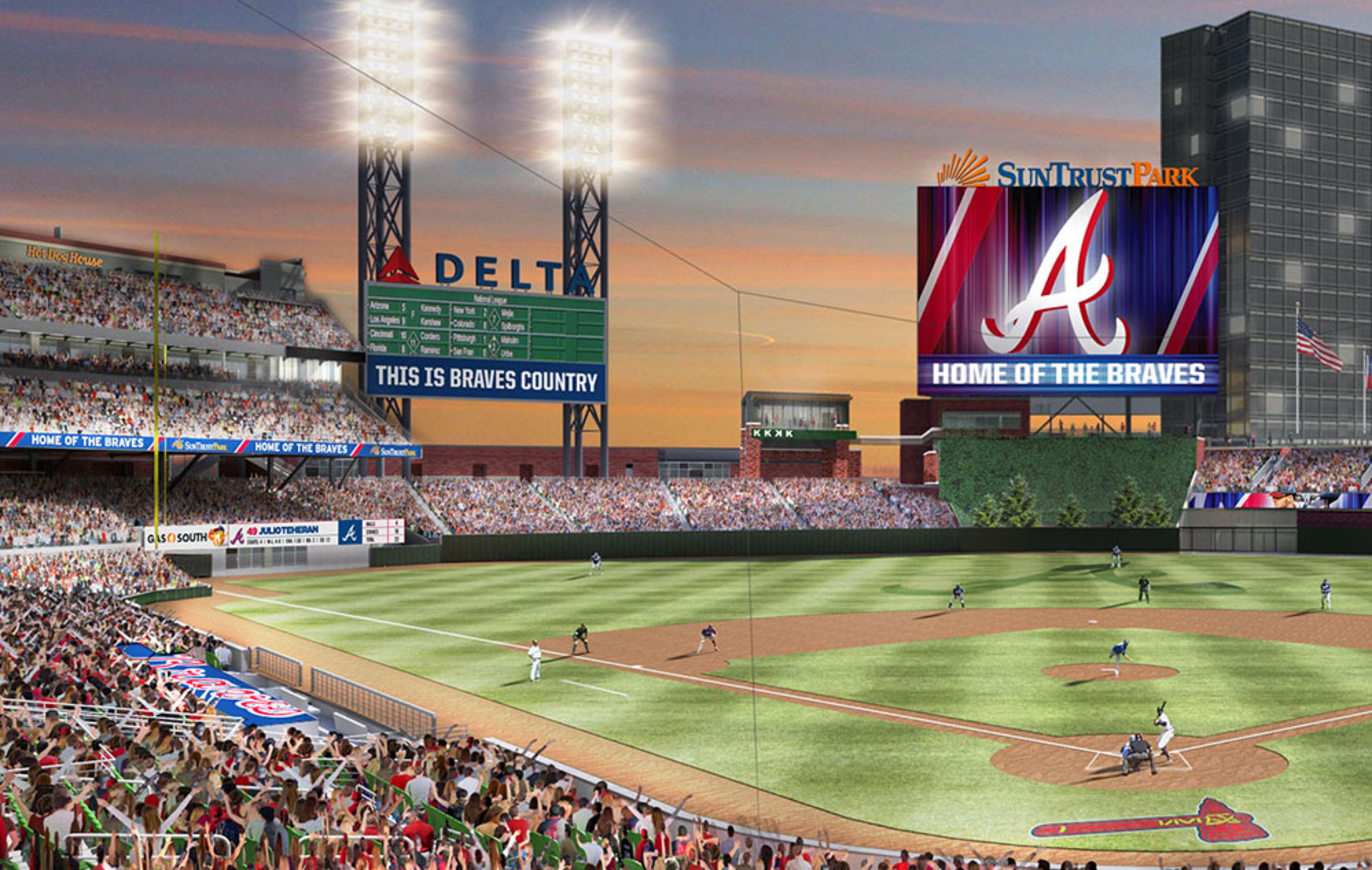 A rendering of the view of the left field of SunTrust Park. The outfield wall will vary from 6 feet high at the left-field foul pole to 16 feet high in right field.
