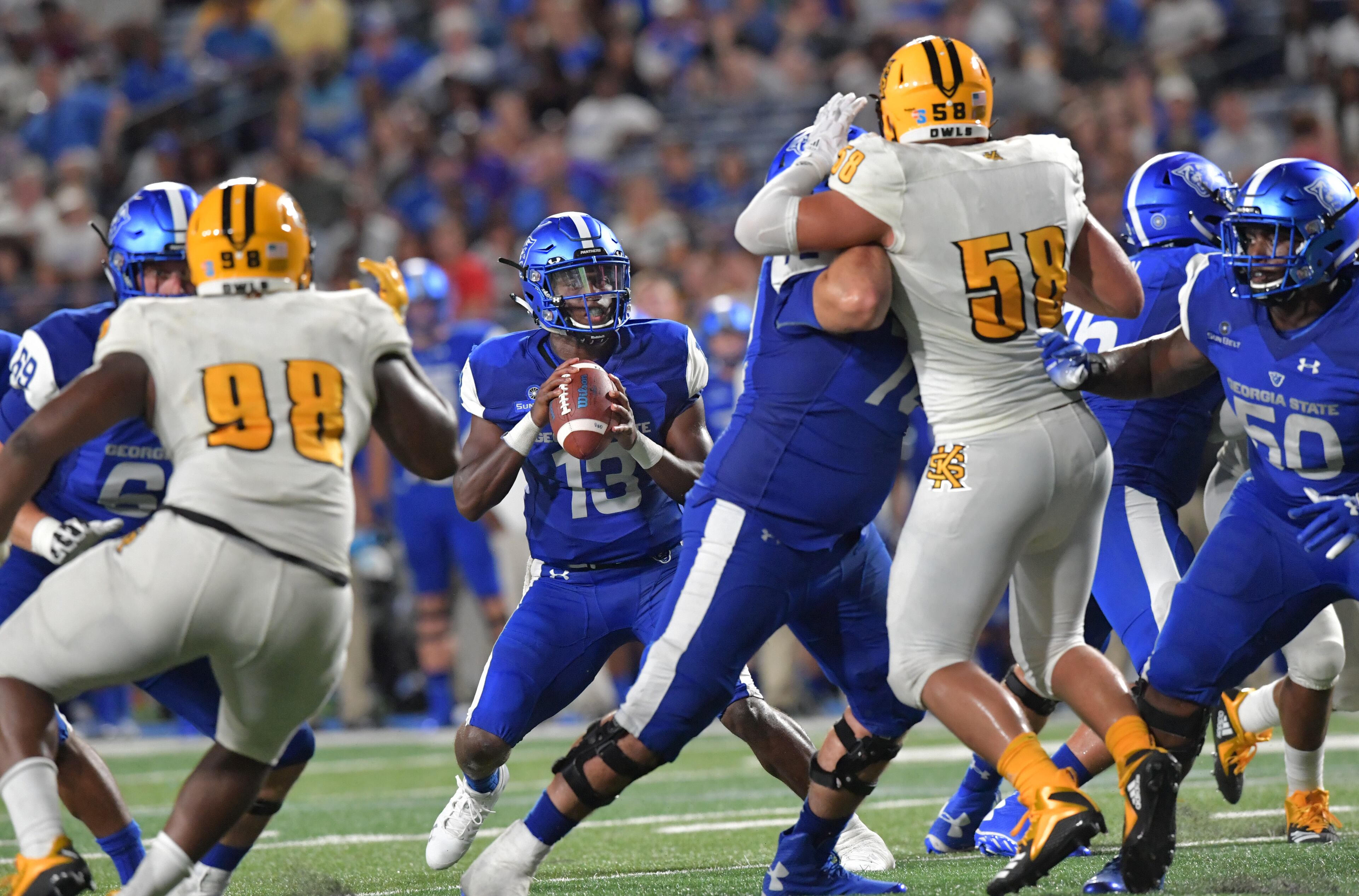 August 30, 2018 Atlanta - Georgia State quarterback Dan Ellington (13) looks to pass in the second half of Georgia State season opening game against the Kennesaw State at Georgia State Stadium on Thursday, August 30, 2018. Georgia State won 24-20 over the Kennesaw State. HYOSUB SHIN / HSHIN@AJC.COM
