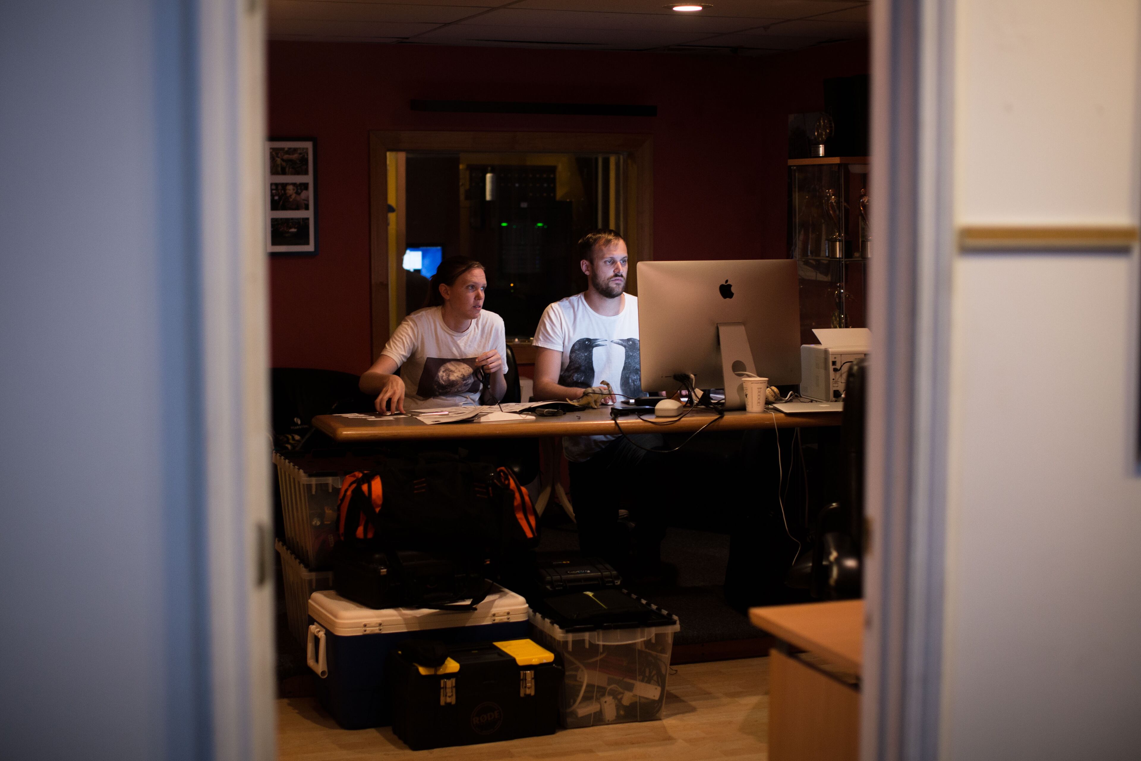 Production designer Meagen Lee, left, and director Jason Sheedy of the short film "Re Inc." work together on the second day of the 48 Hour Film Project, Saturday, June 13, 2015, in Atlanta. Teams had 48 hours to write, film, and edit a short film. BRANDEN CAMP/SPECIAL