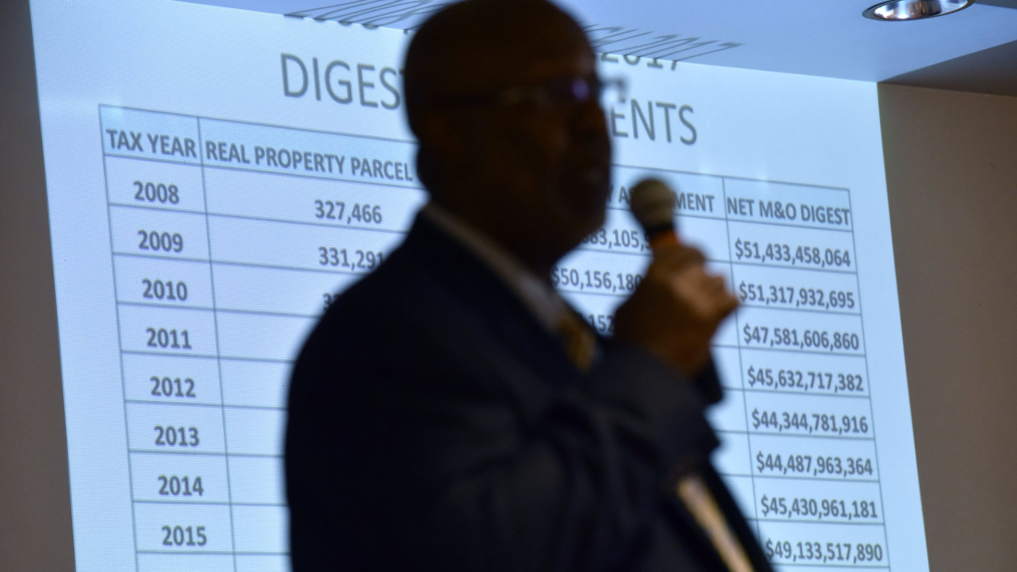 Dwight Robinson, chef appraiser, speaks before Fulton County citizens during Emergency Town Hall Meeting to discuss about Property Tax Assessments hosted by Fulton County Office of Chairman John Eaves at Harriett G. Darnell Senior Multipurpose Facility on Tuesday, June 13, 2017. HYOSUB SHIN / HSHIN@AJC.COM AJC FILE PHOTO