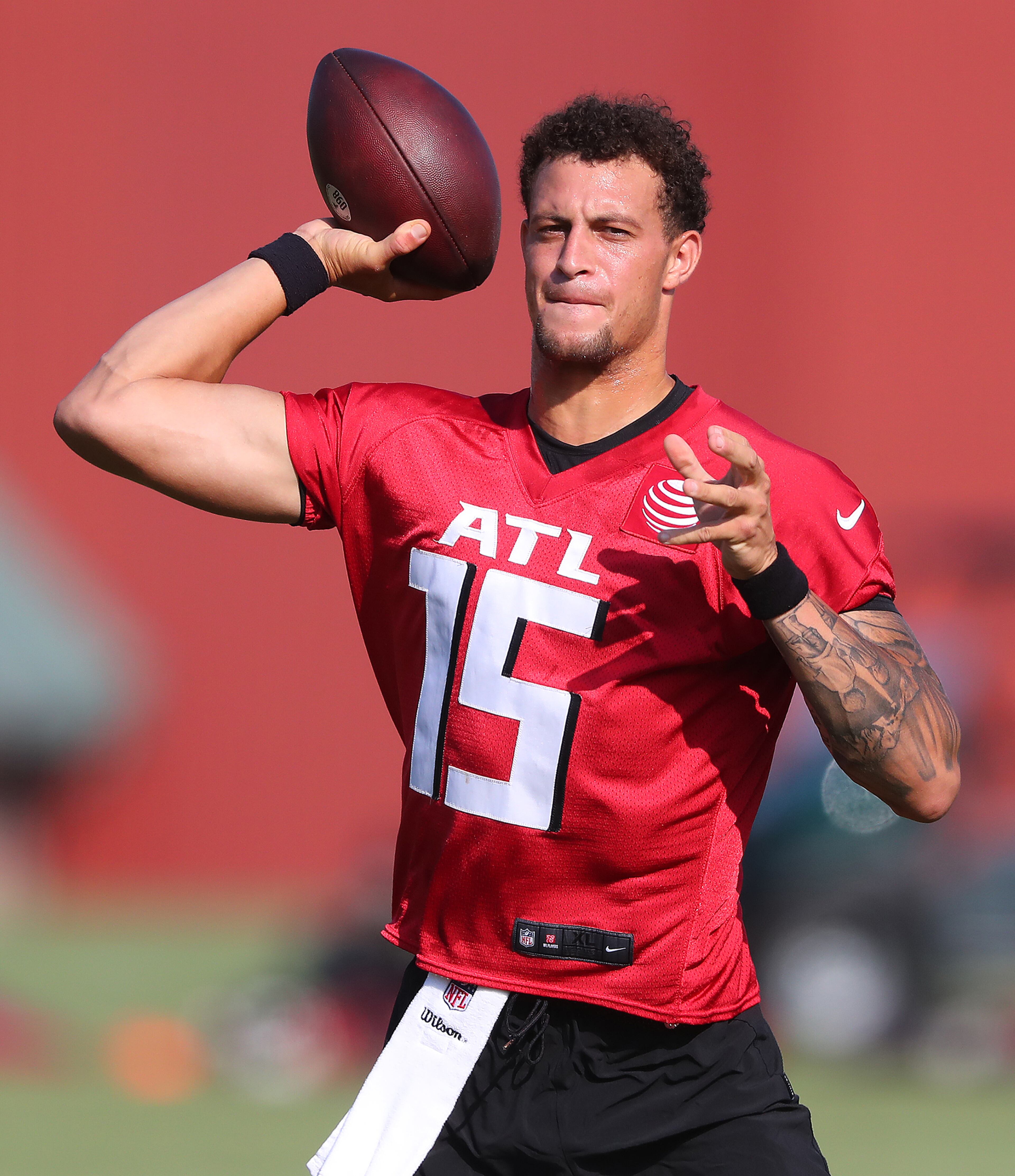 Falcons rookie quarterback Feleipe Franks completes a pass on the fourth day of training camp practice Sunday, Aug. 1, 2021, in Flowery Branch. (Curtis Compton / Curtis.Compton@ajc.com)