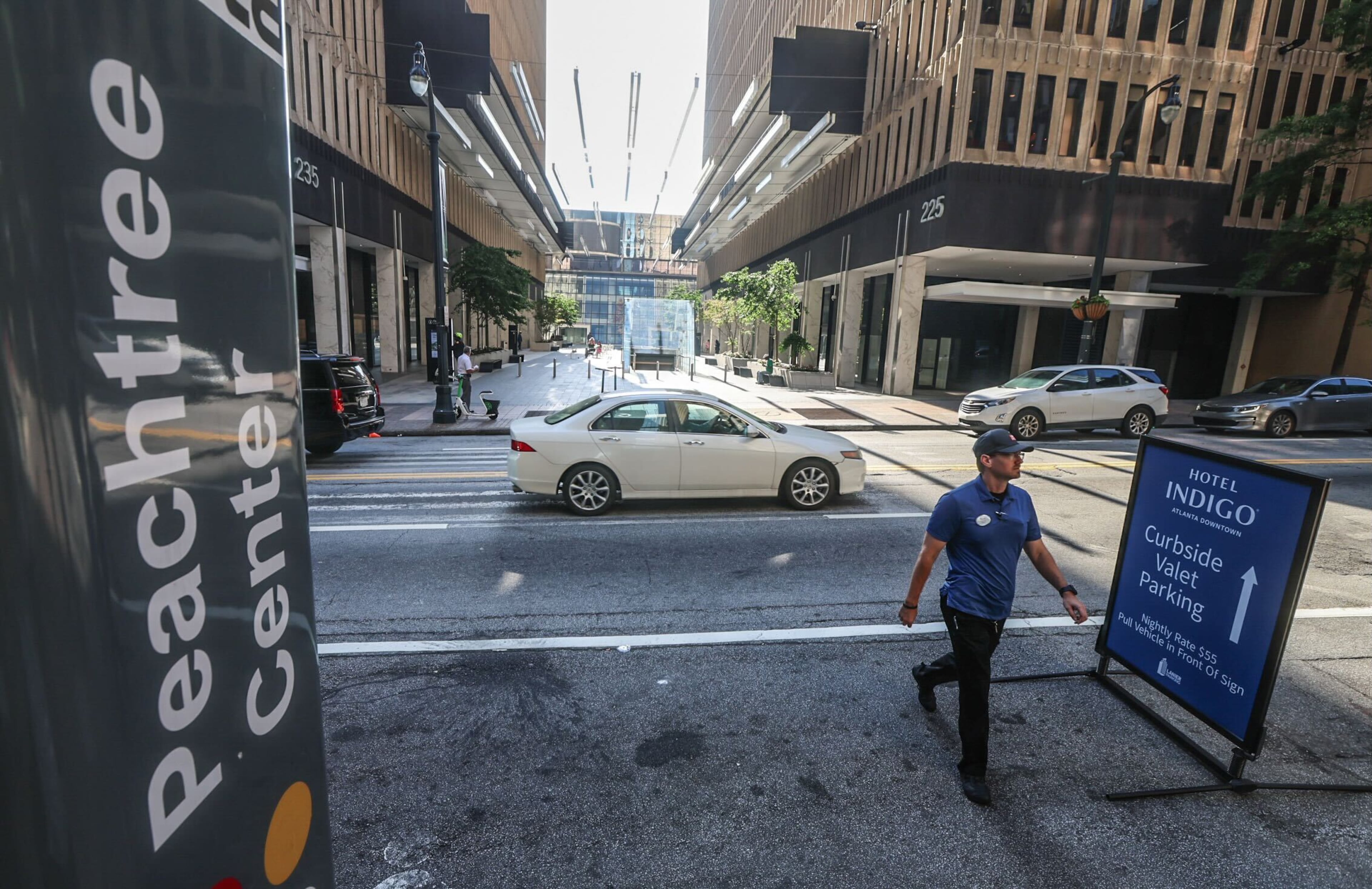 Peachtree Center is seen Wednesday morning after four people, including the suspect, were shot at its food court in downtown Atlanta on Tuesday, police said.