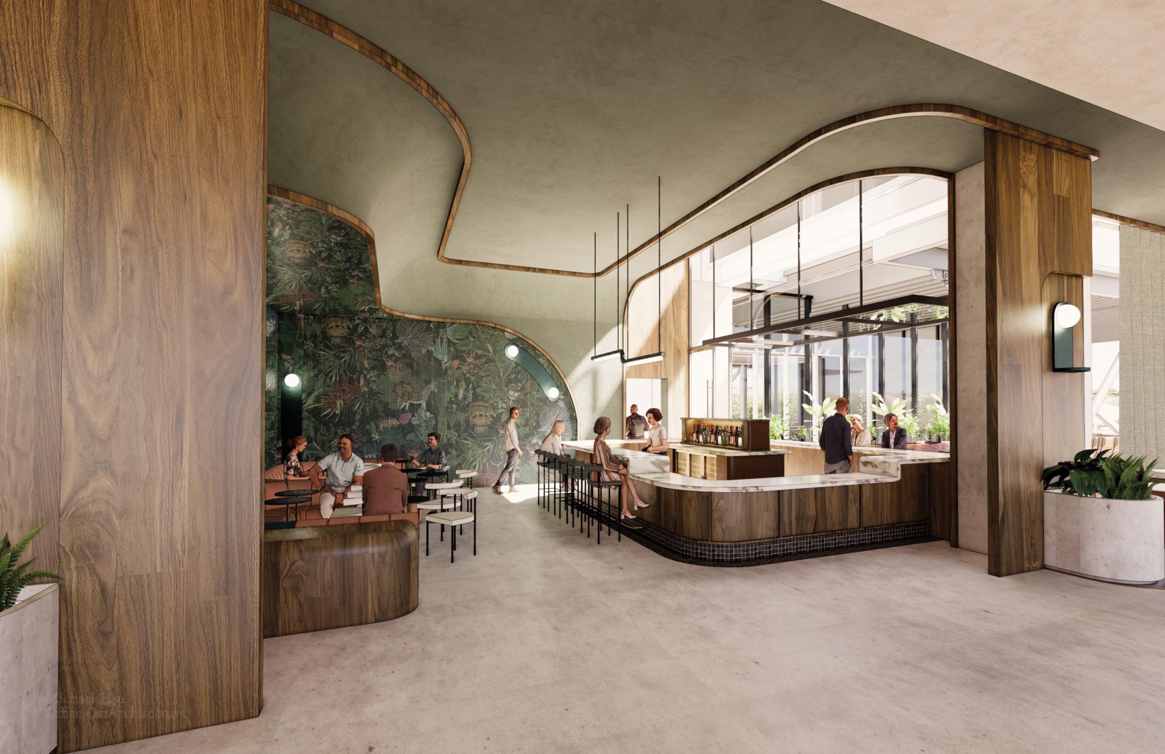 This is a rendering of a bar area within the larger Spring Quarter project.