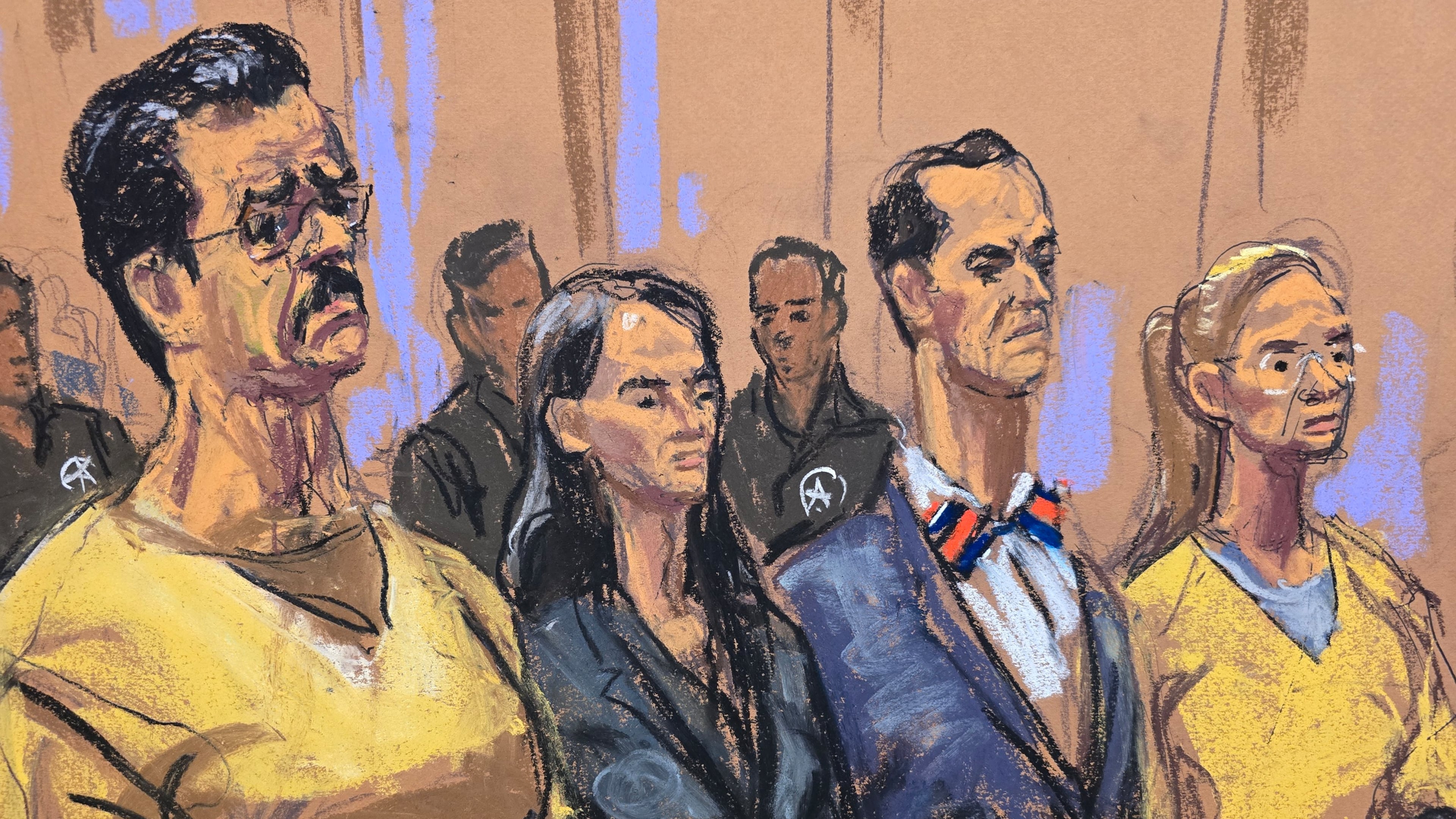 In this courtroom sketch, from left, former Venezuela President Nicholas Maduro, attorneys Anna Estevao and Mark Donnelly, and Maduro's wife, Cilia Flores, stand during a pretrial hearing in a drug trafficking case for Maduro and Flores, Wednesday, July 22, 2026, at Manhattan federal court in New York. (Jane Rosenberg via AP)