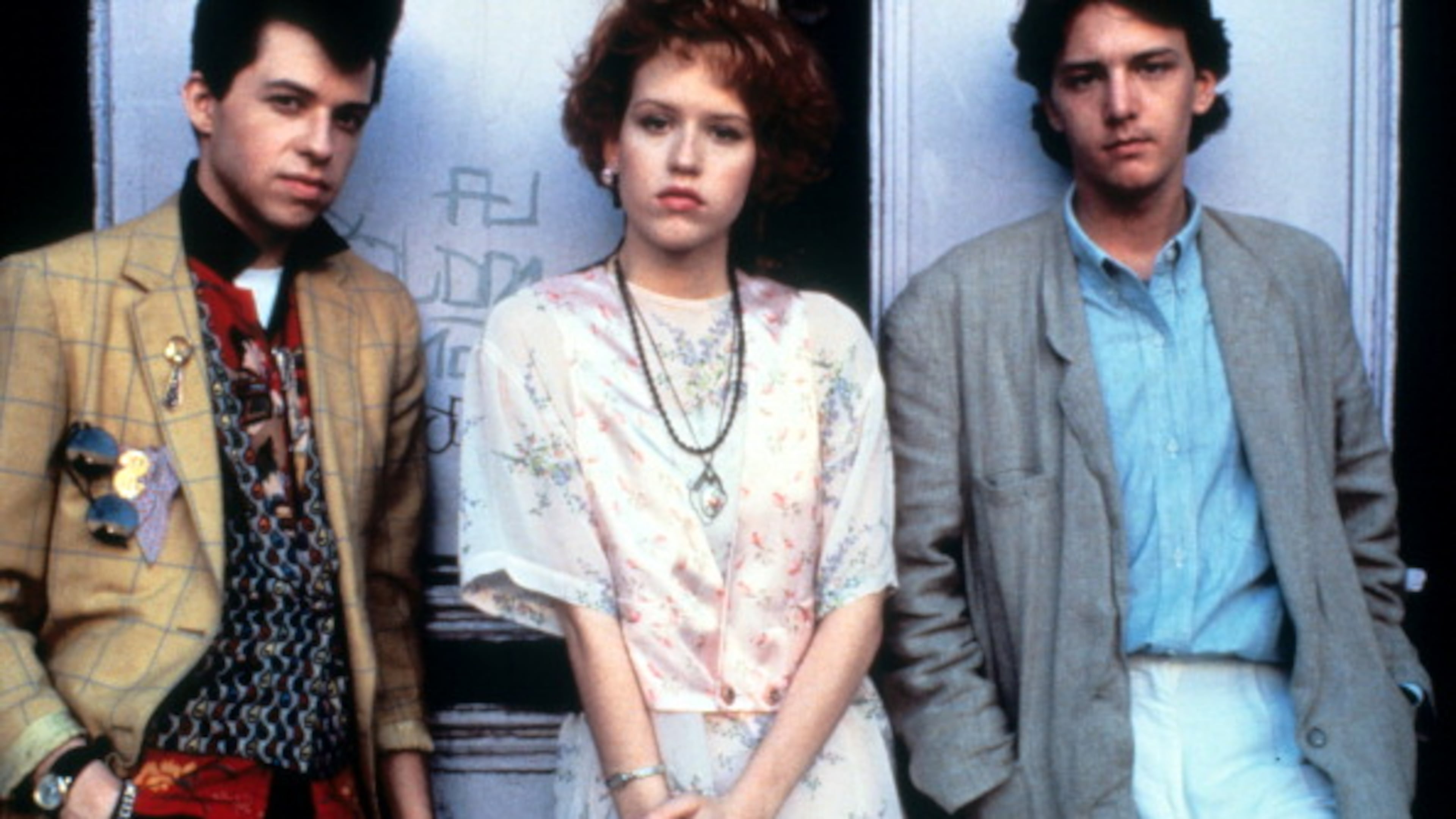 Jon Cryer, Molly Ringwald and Andrew McCarthy on set of the film "Pretty In Pink,” 1986. (Photo by Paramount/Getty Images)