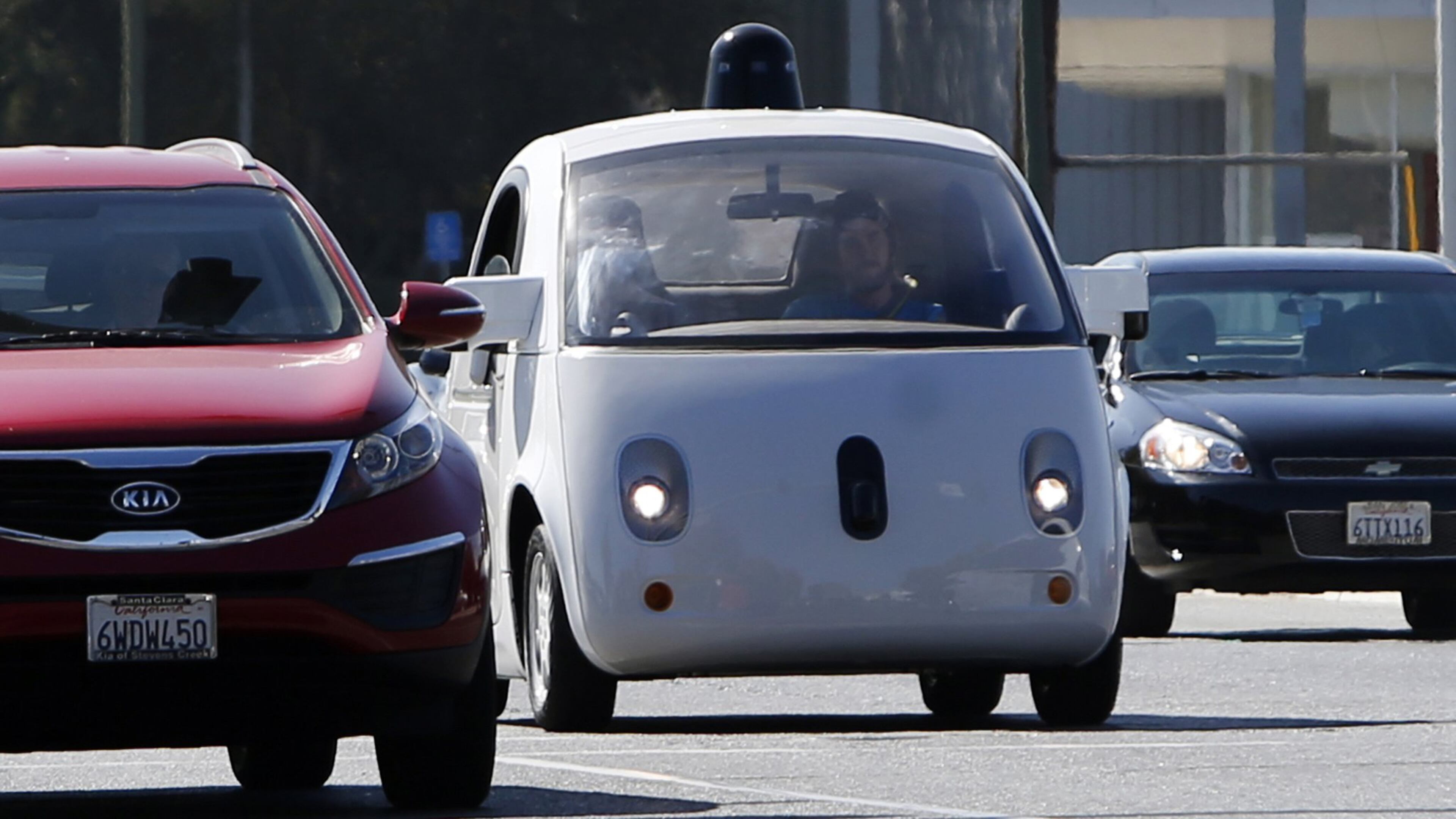 A Google self-driving car travels eastbound on San Antonio Road in Mountain View, Calif., in an October 2015 file image. (Karl Mondon/Bay Area News Group/TNS)