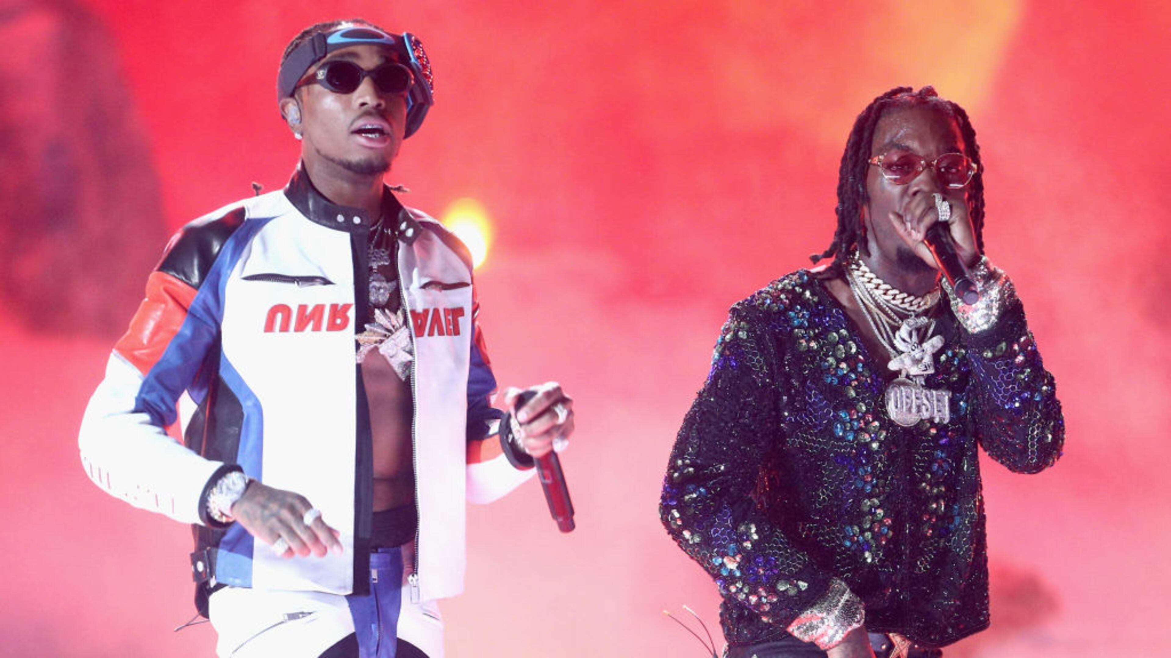 LOS ANGELES, CA - JUNE 25: Quavo (L) and Offset of Migos perform onstage at 2017 BET Awards at Microsoft Theater on June 25, 2017 in Los Angeles, California. (Photo by Frederick M. Brown/Getty Images )