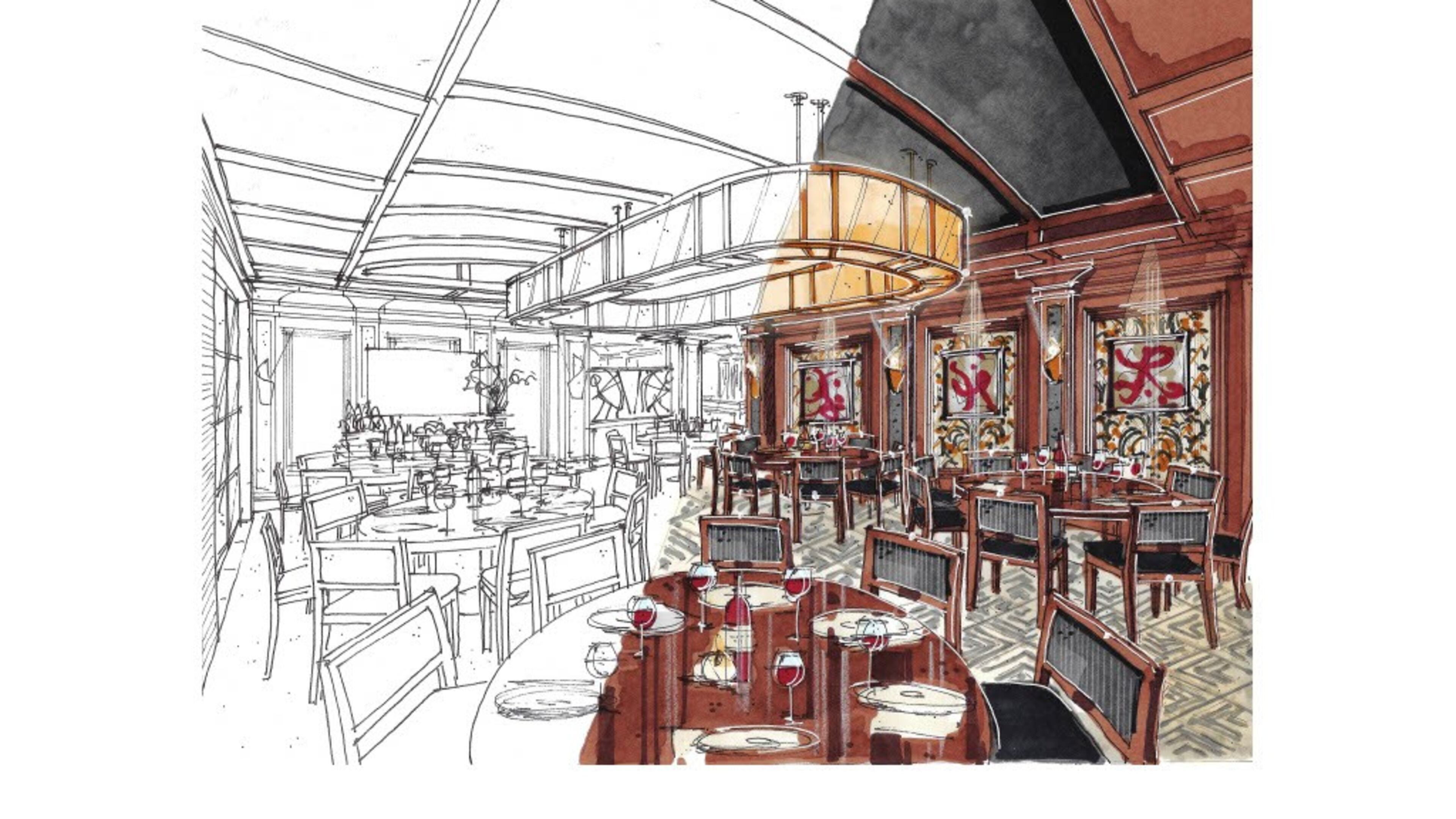 A rendering of Chops Lobster Bar, which will reopen with an expanded dining room following a fire in January 2022.