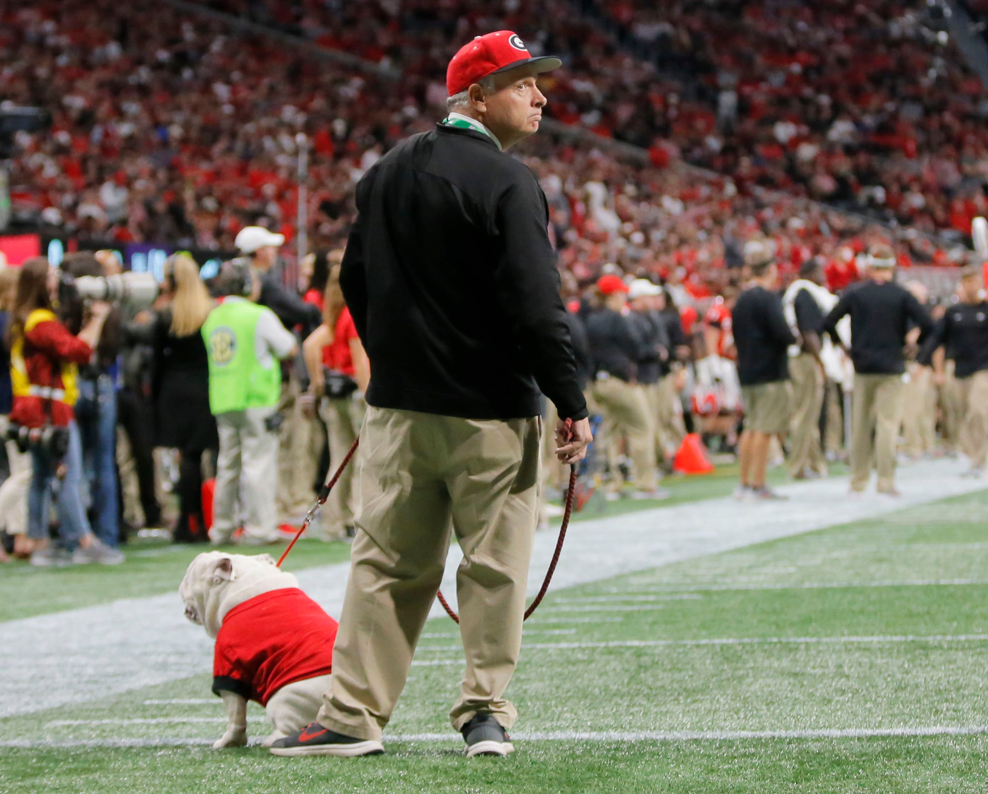 12/1/18 - Atlanta - UGA takes a stroll during a first quarter break. The University of Georgia Bulldogs played the Alabama Crimson Tide in a NCAA college football game for the Southeastern Conference Championship Saturday, Dec. 1, 2018, at Mercedes-Benz Stadium in Atlanta, GA. BOB ANDRES / BANDRES@AJC.COM