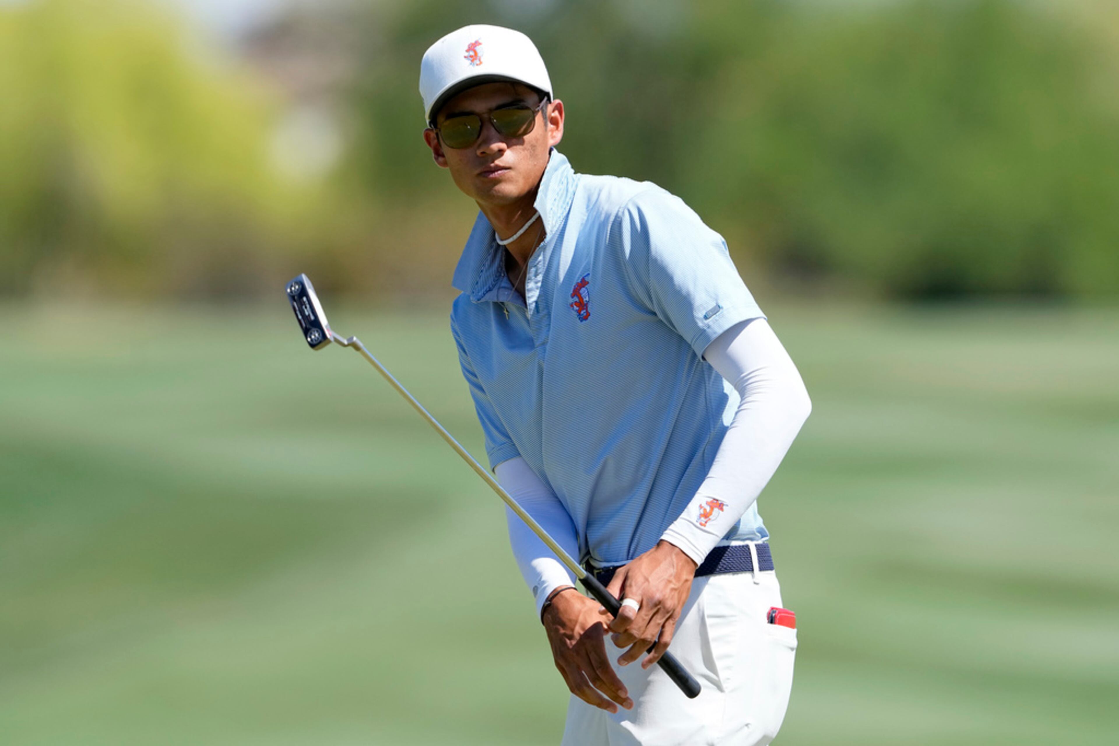 Florida golfer Ricky Castillo watches his shot on the third green during the final round of the NCAA college men's match play golf championship, Wednesday, May 31, 2023, in Scottsdale, Ariz. (AP Photo/Matt York)