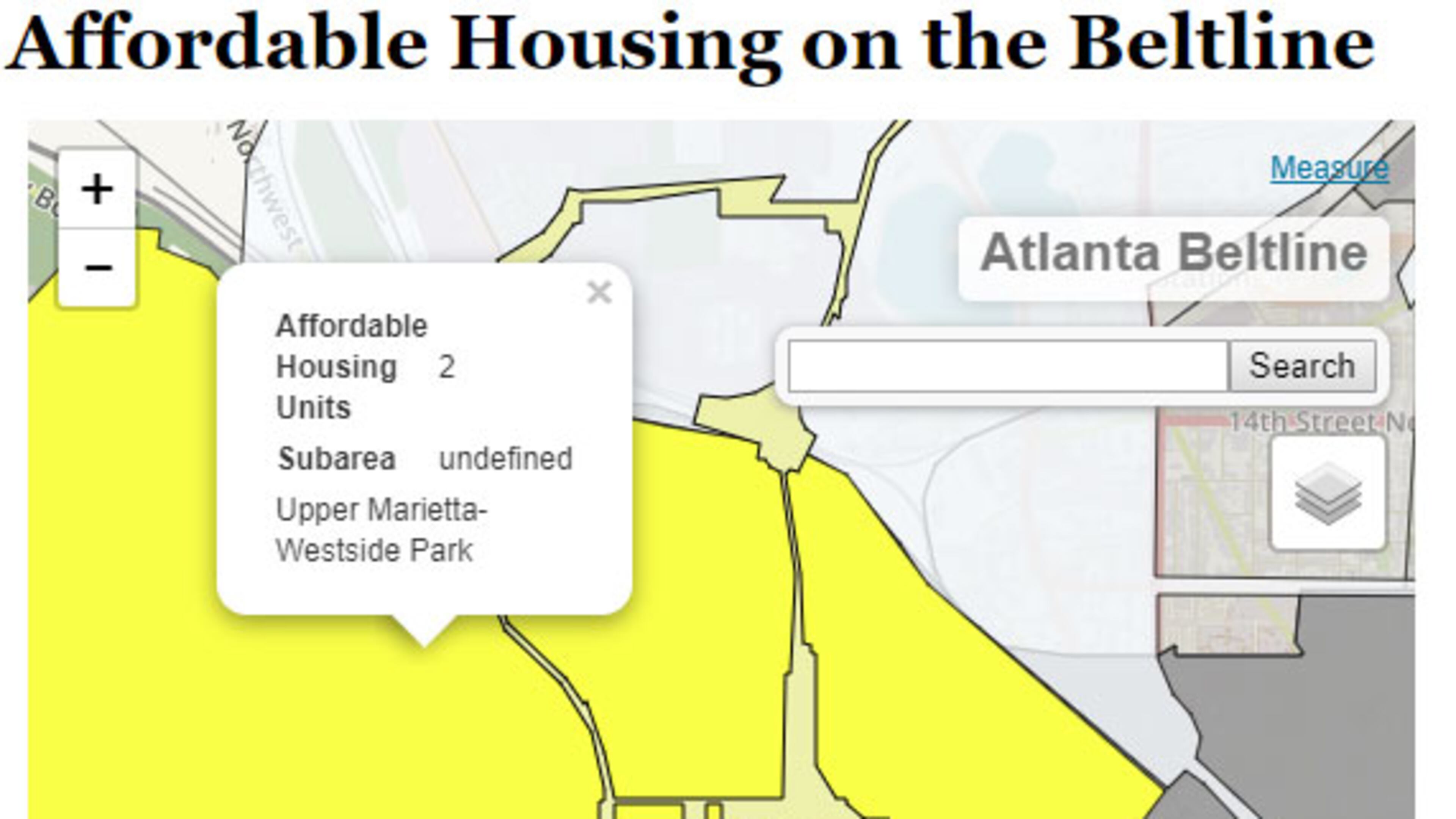A screenshot from the AJC's interactive showing affordable housing units built along the Atlanta Beltline.