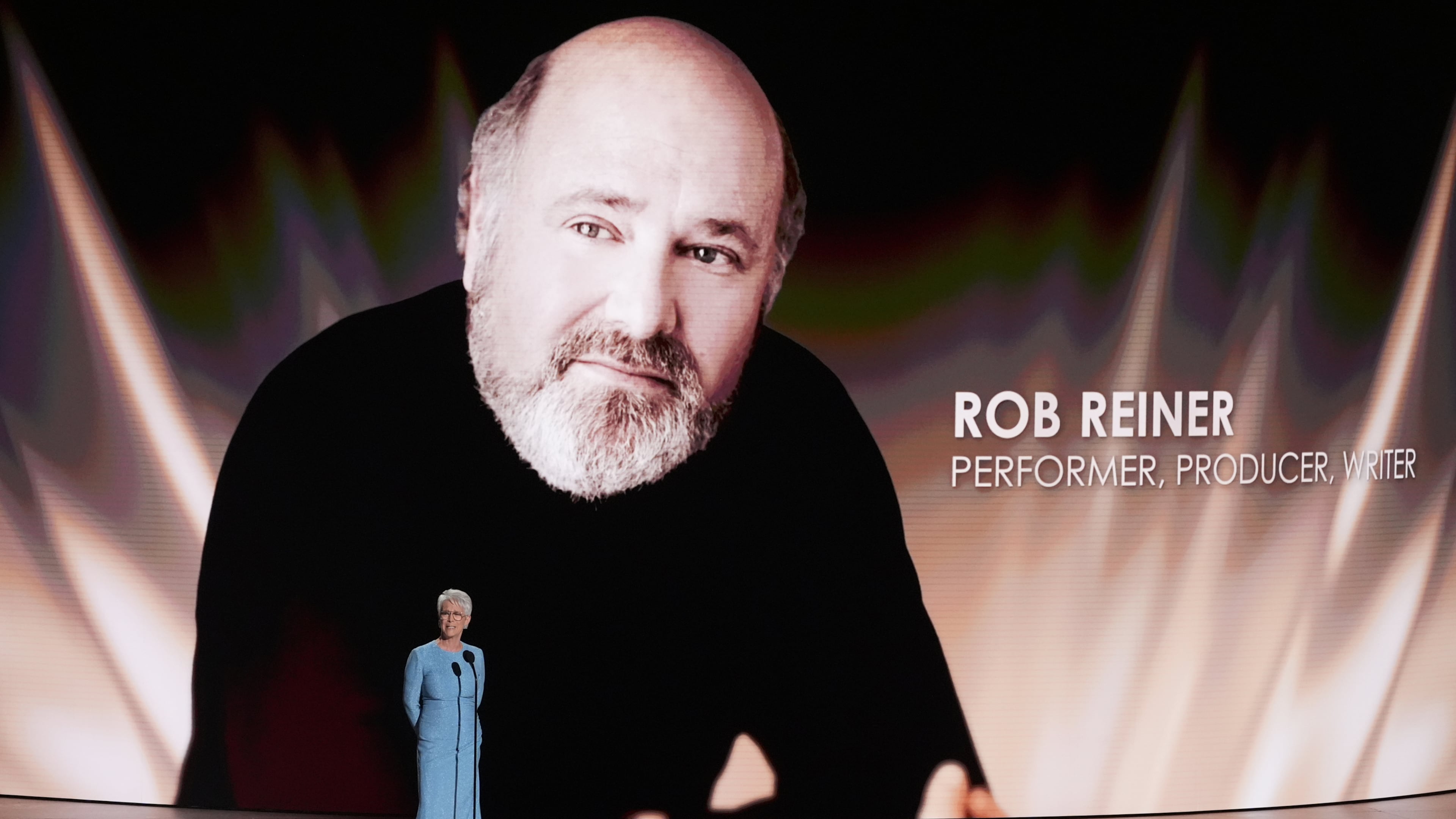 Jamie Lee Curtis pays tribute to Rob Reiner during the 78th Emmy Awards on Monday, Sept. 14, 2026, at the Peacock Theater in Los Angeles. (AP Photo/Chris Pizzello)