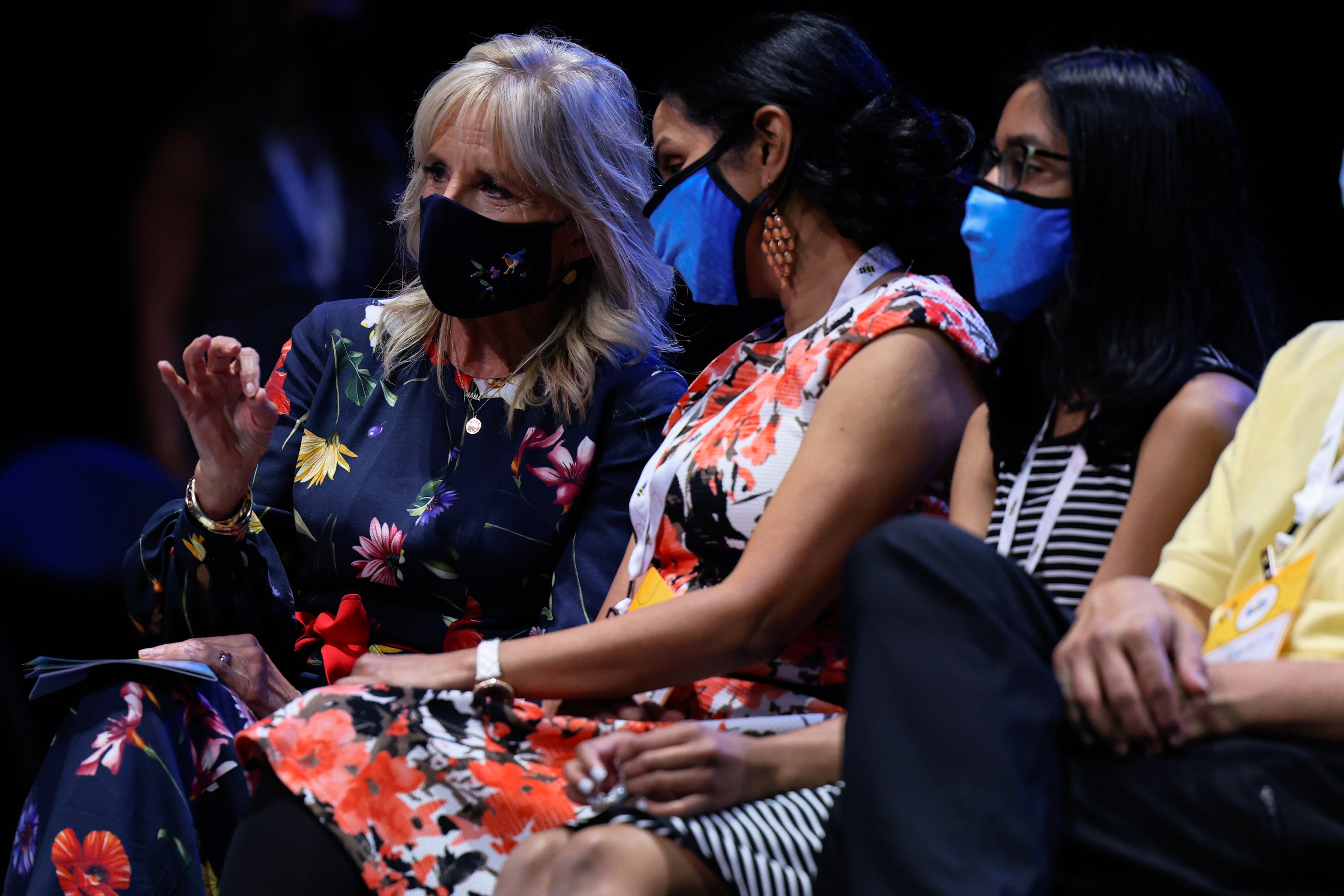 First lady Jill Biden, left, speaks with the family of Ashrita Gandhari, a Scripps National Spelling Bee finalist, at the competition in Orlando, Fla., July 8, 2021. (Scott McIntyre/The New York Times)