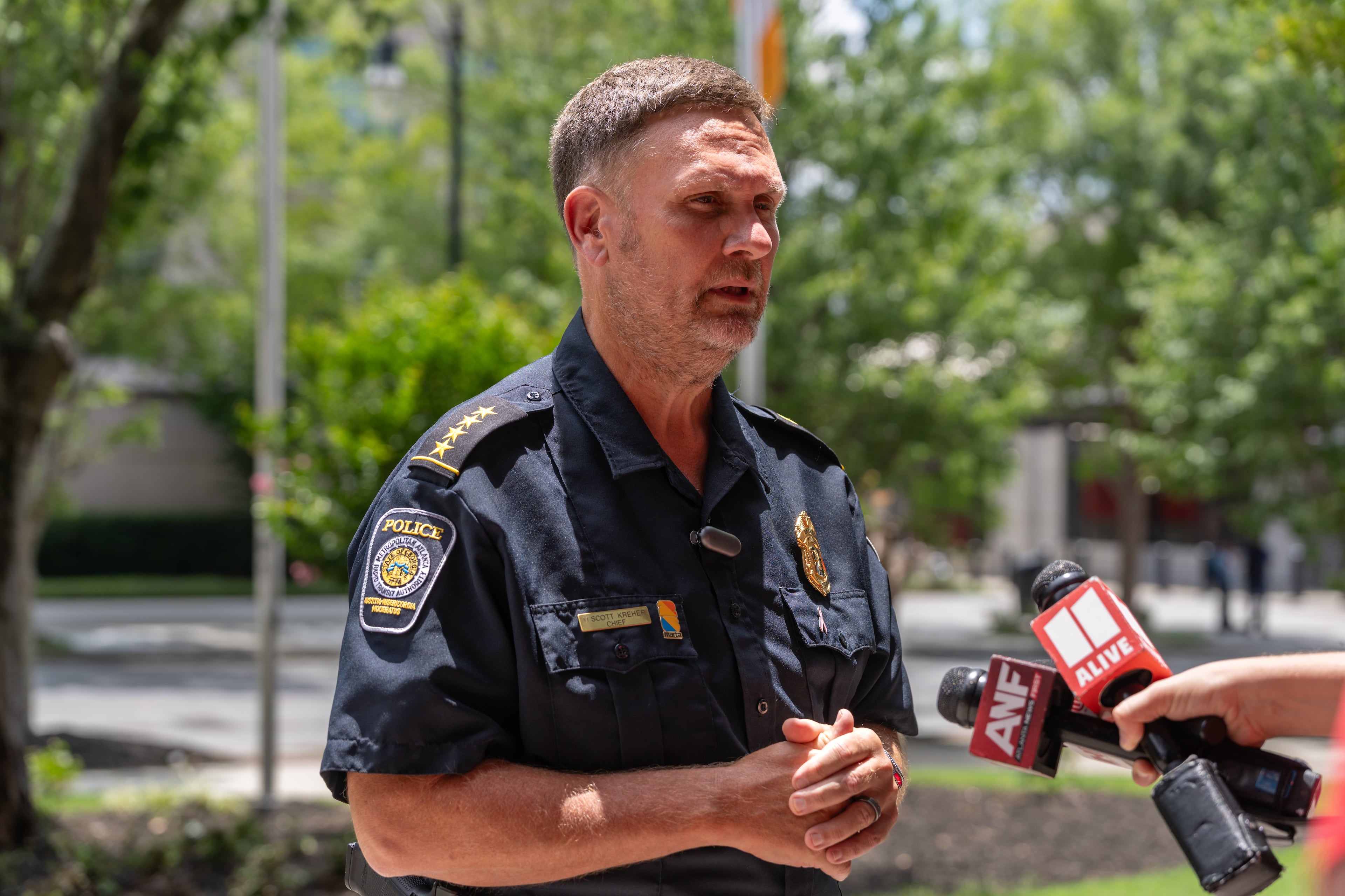 MARTA police Chief Scott Kreher speaks to the media on June 6 regarding recent violence at multiple MARTA stations. (Ben Hendren for the AJC)
