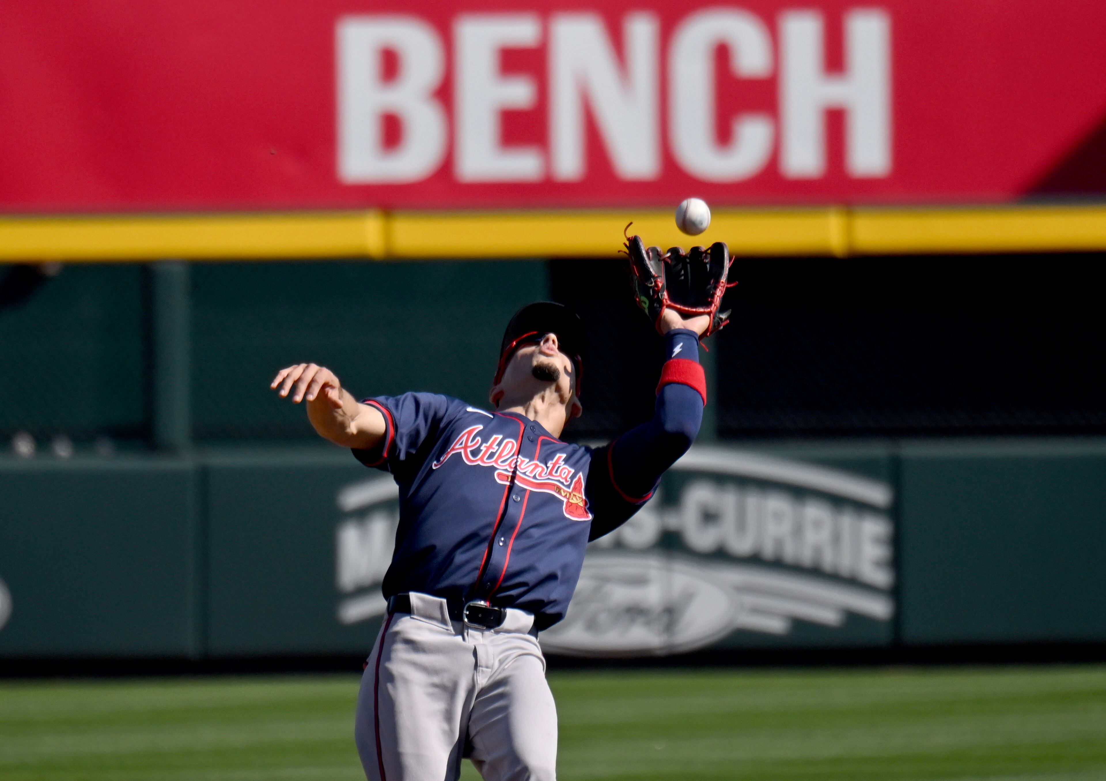 Atlanta Braves shortstop Andrew Velazquez catches a fly ball during spring training workouts at CoolToday Park, Friday, Feb. 23, 2024, in North Port, Florida. (Hyosub Shin / Hyosub.Shin@ajc.com)