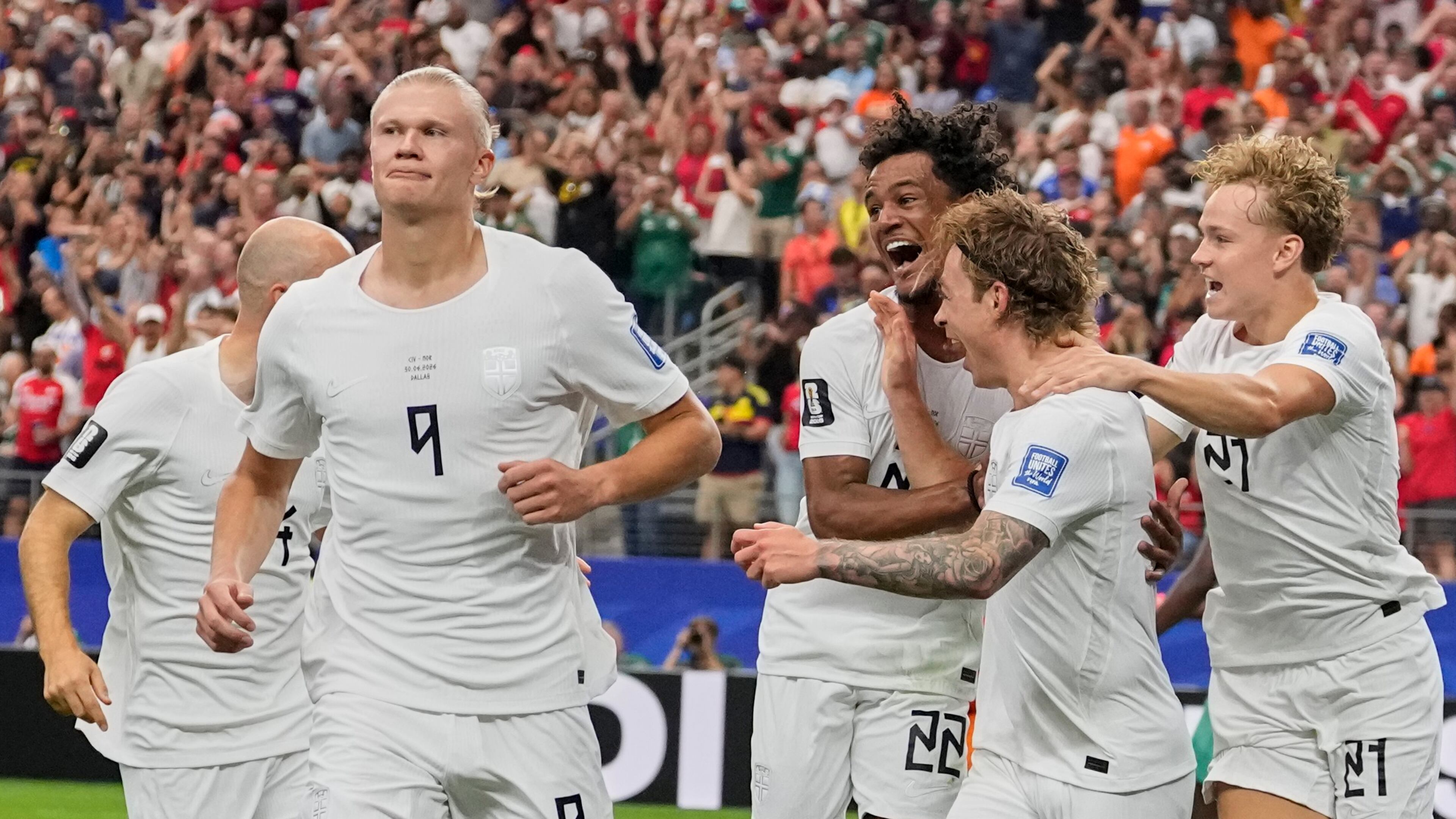 Norway's Erling Haaland (9) celebrates after scoring his side's second goal during the World Cup round of 32 soccer match between Ivory Coast and Norway in Arlington, Texas, near Dallas, Tuesday, June 30, 2026.(AP Photo/Tony Gutierrez)