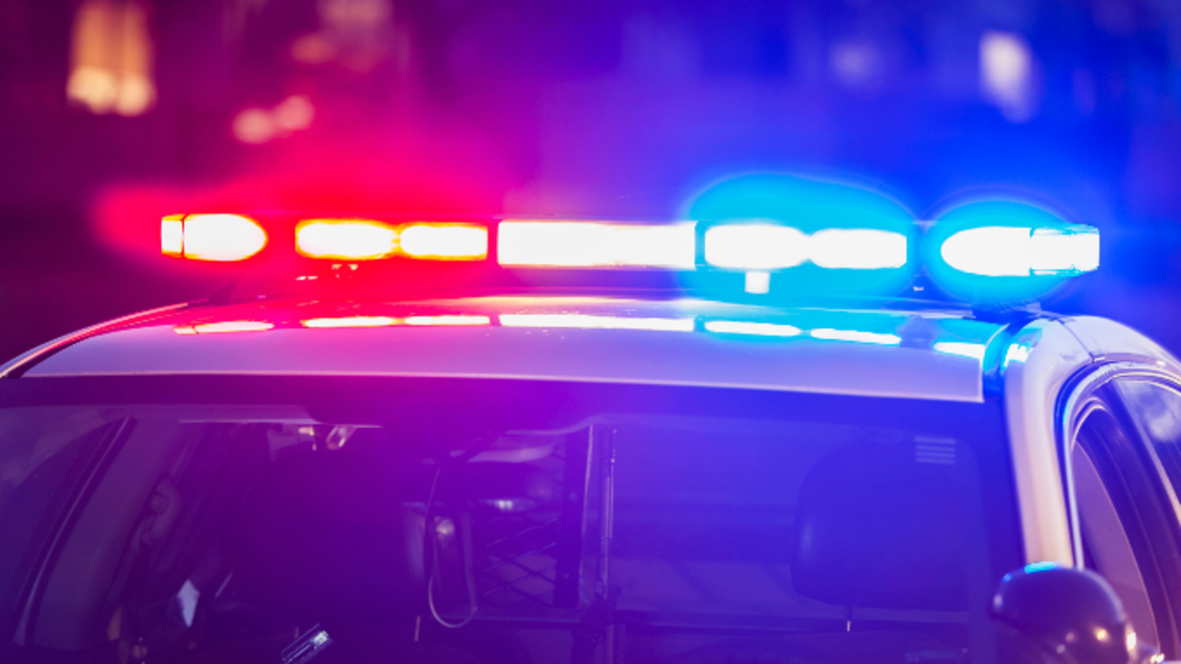 The roof of a police patrol car at night, with the blue and red lights flashing (stock photo).