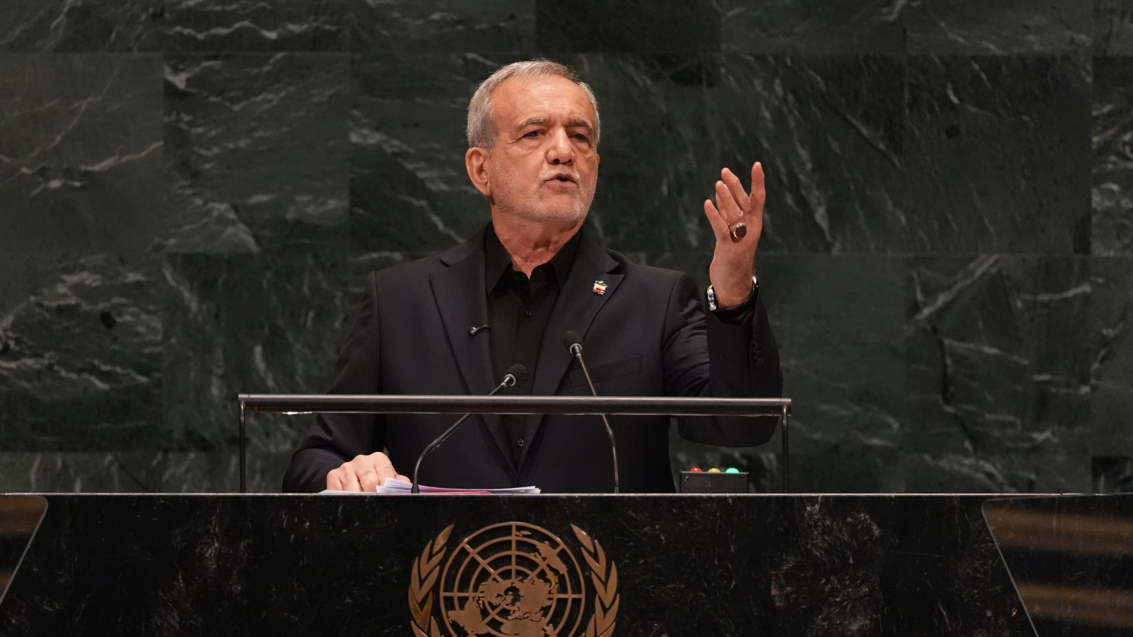 Iran's President Masoud Pezeshkian speaks during the 81st session of the United Nations General Assembly at United Nations headquarters, Wednesday, Sept. 23, 2026. (AP Photo/Heather Khalifa)