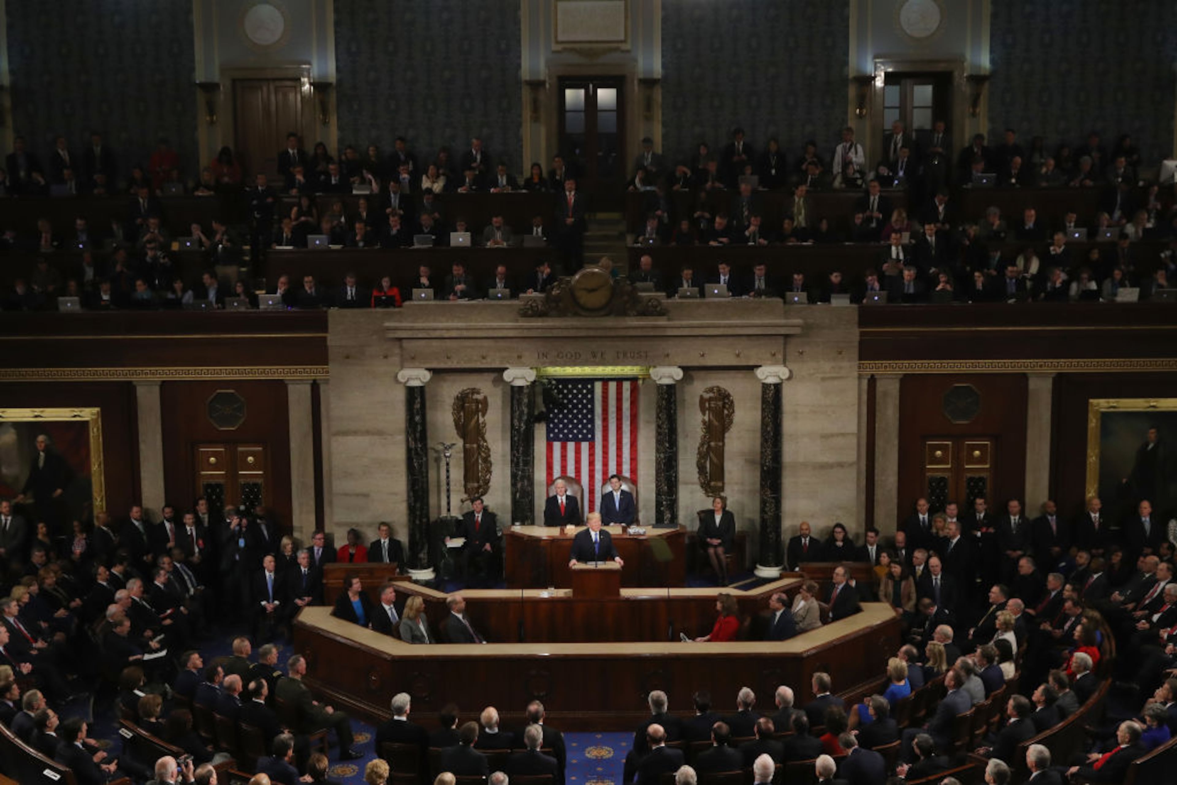 WASHINGTON, DC - JANUARY 30: U.S. President Donald J. Trump delivers the State of the Union address in the chamber of the U.S. House of Representatives January 30, 2018 in Washington, DC. This is the first State of the Union address given by U.S. President Donald Trump and his second joint-session address to Congress. (Photo by Chip Somodevilla/Getty Images)
