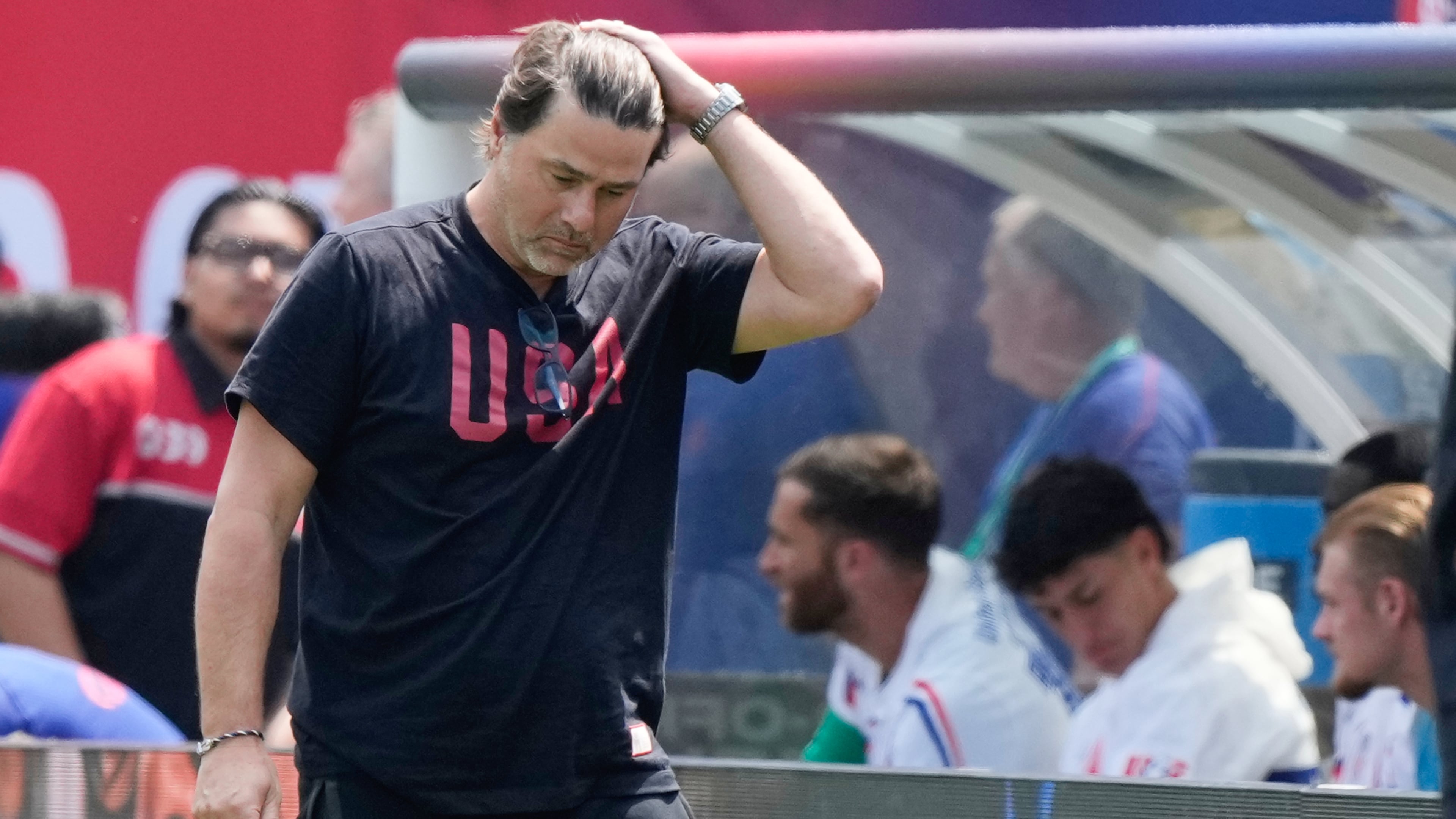 United States head coach Mauricio Pochettino reacts during the first half of an international friendly soccer match against Germany in Chicago, Saturday, June 6, 2026. (AP Photo/Nam Y. Huh)