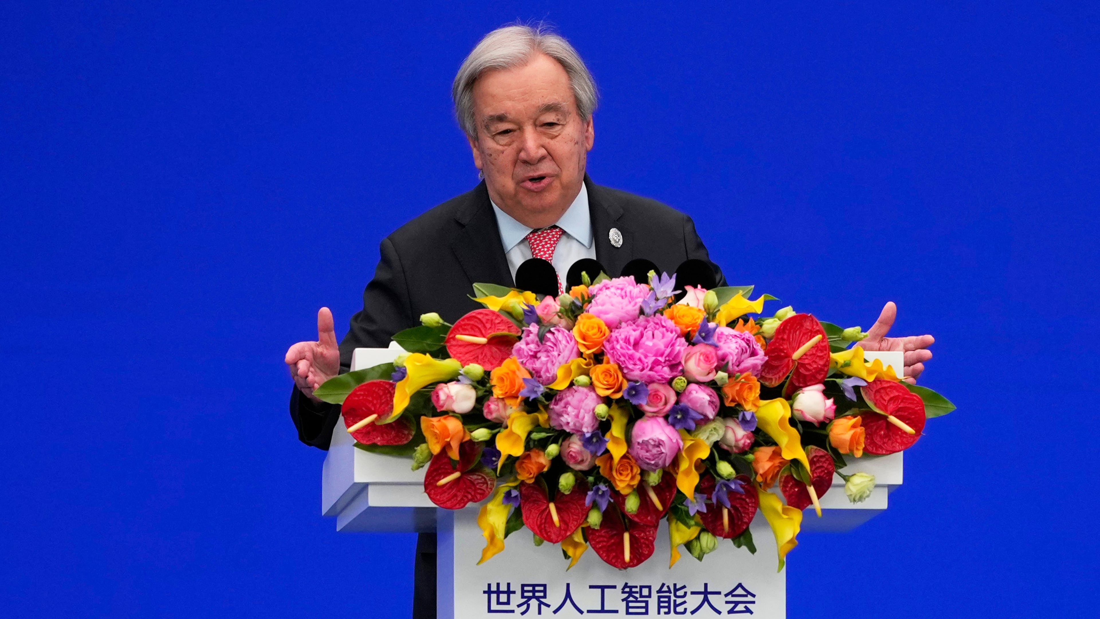 U.N. Secretary-General António Guterres speaks during the opening ceremony of the High-Level Meeting on Global Governance for the World AI Conference in Shanghai in July. (Ng Han Guan/AP)
