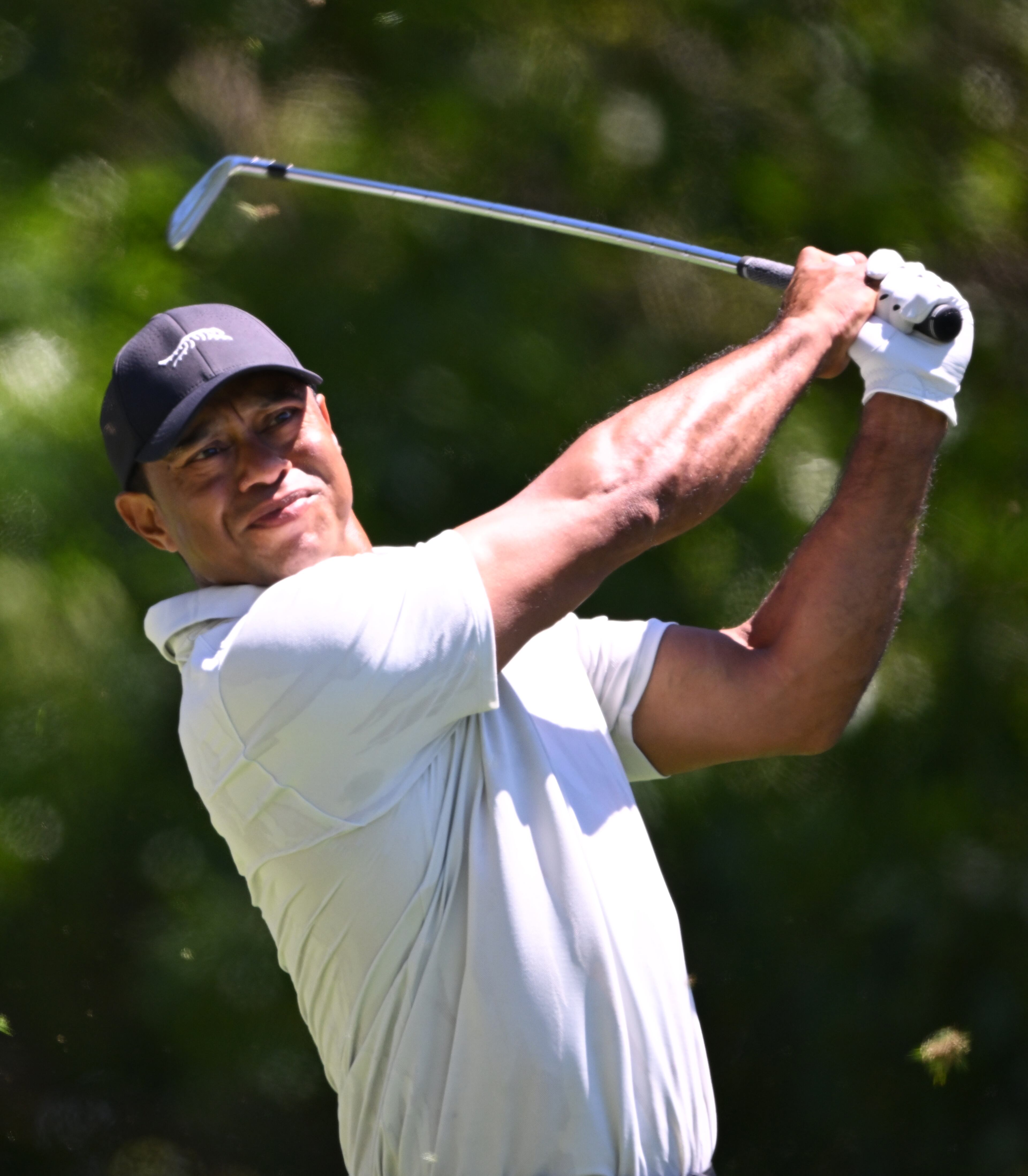 Tiger Woods tees off on fourth hole during third round at the 2024 Masters Tournament at Augusta National Golf Club, Saturday, April 13, 2024, in Augusta, Ga. (Hyosub Shin / Hyosub.Shin@ajc.com)