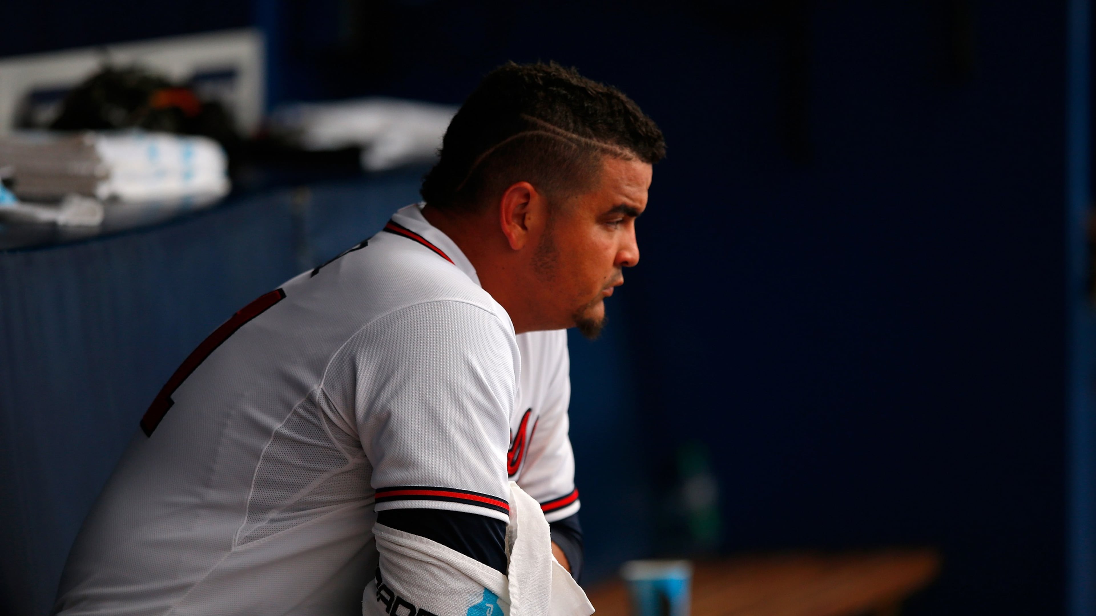 Williams Perez #61 of the Atlanta Braves sits in the dugout in the first inning against the New York Yankees at Turner Field on August 28, 2015 in Atlanta, Georgia. (Photo by Kevin C. Cox/Getty Images)