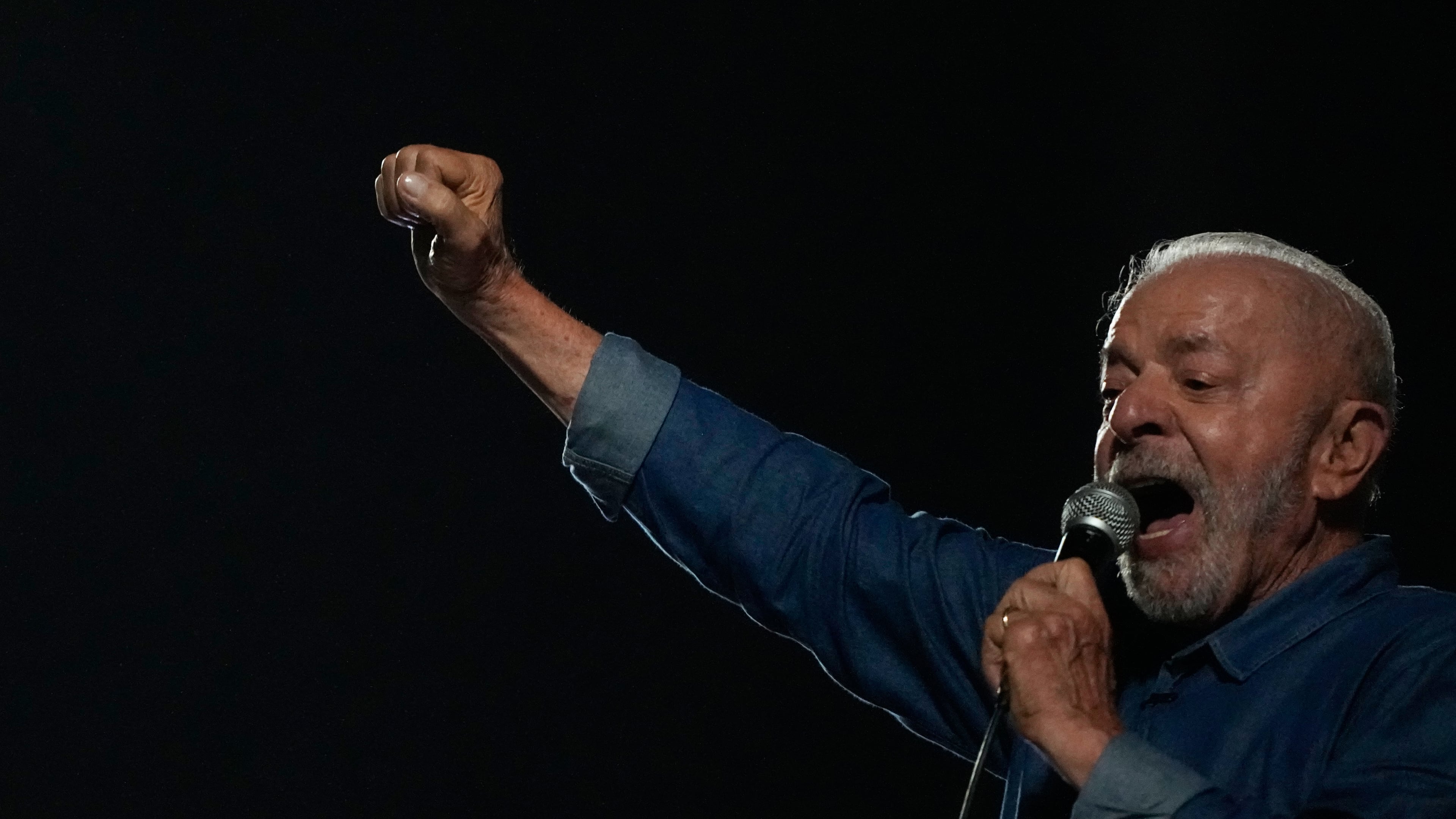 President Luiz Inacio Lula da Silva addresses supporters during a victory rally after winning a fourth term in the presidential runoff on Paulista Avenue in Sao Paulo, Brazil, Sunday, Oct. 25, 2026. (AP Photo/Natacha Pisarenko)