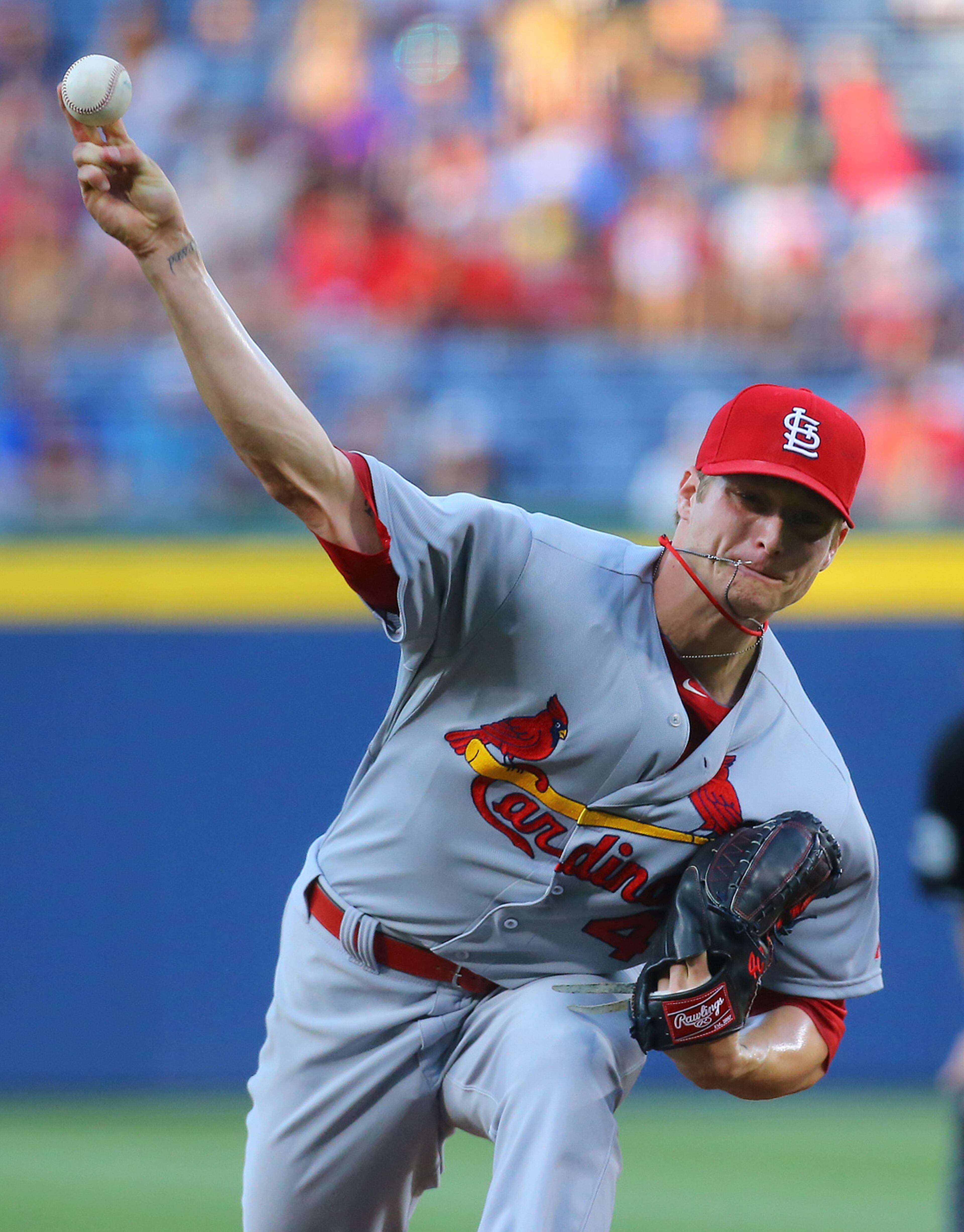 Cardinals pitcher Shelby Miller delivers a pitch against the Braves during the first inning of a MLB game on Monday, May 5, 2014, in Atlanta. CURTIS COMPTON / CCOMPTON@AJC.COM