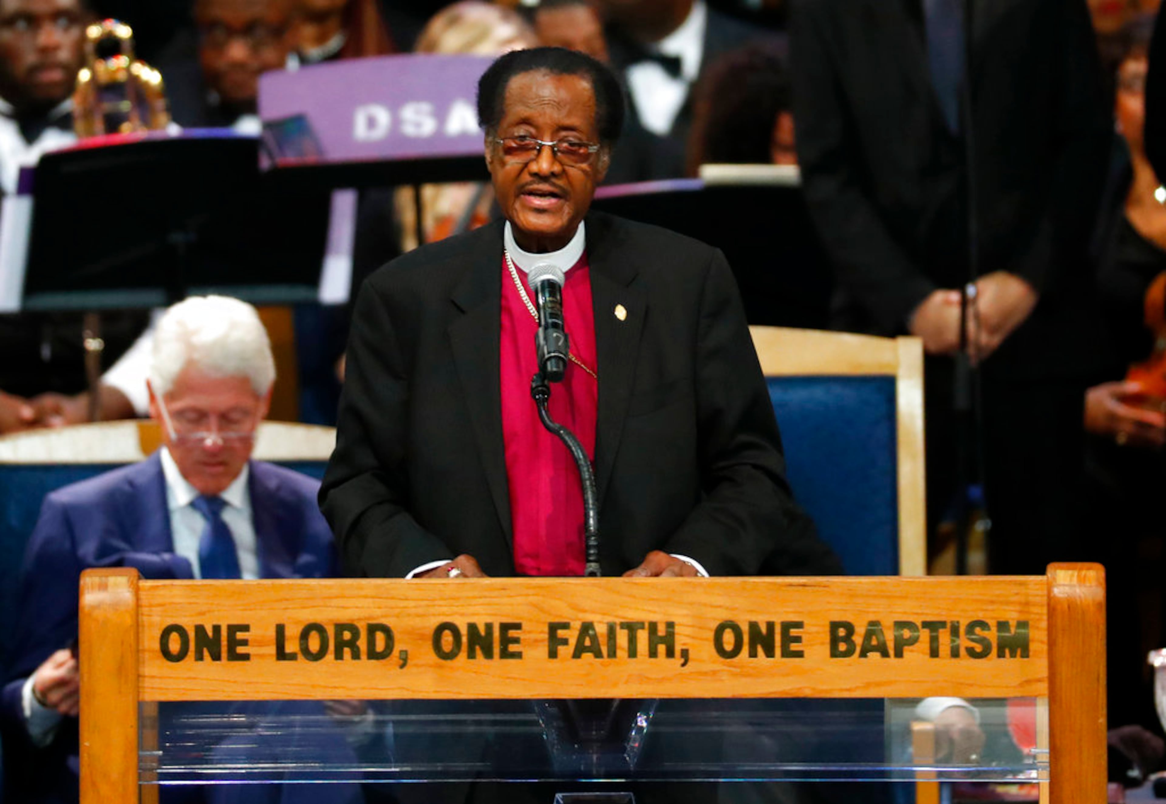Bishop P.A. Brooks speaks during the funeral service for Aretha Franklin at Greater Grace Temple, Friday, Aug. 31, 2018, in Detroit. Franklin died Aug. 16, 2018 of pancreatic cancer at the age of 76. (AP Photo/Paul Sancya)