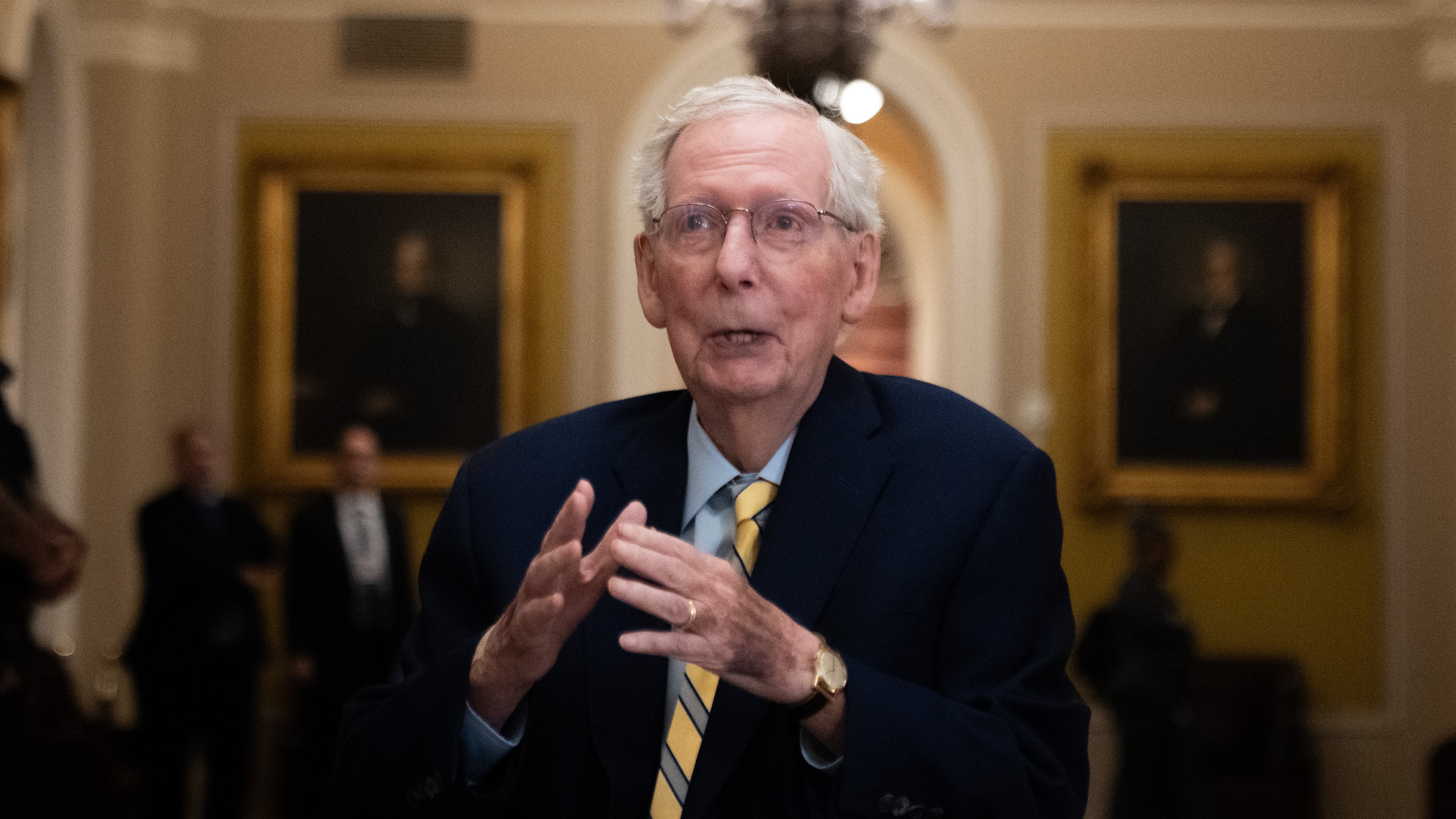 Sen. Mitch McConnell, R-Ky., speaks to reporters at the U.S. Capitol, Monday, Sept. 14, 2026, in Washington. (AP Photo/Allison Robbert)