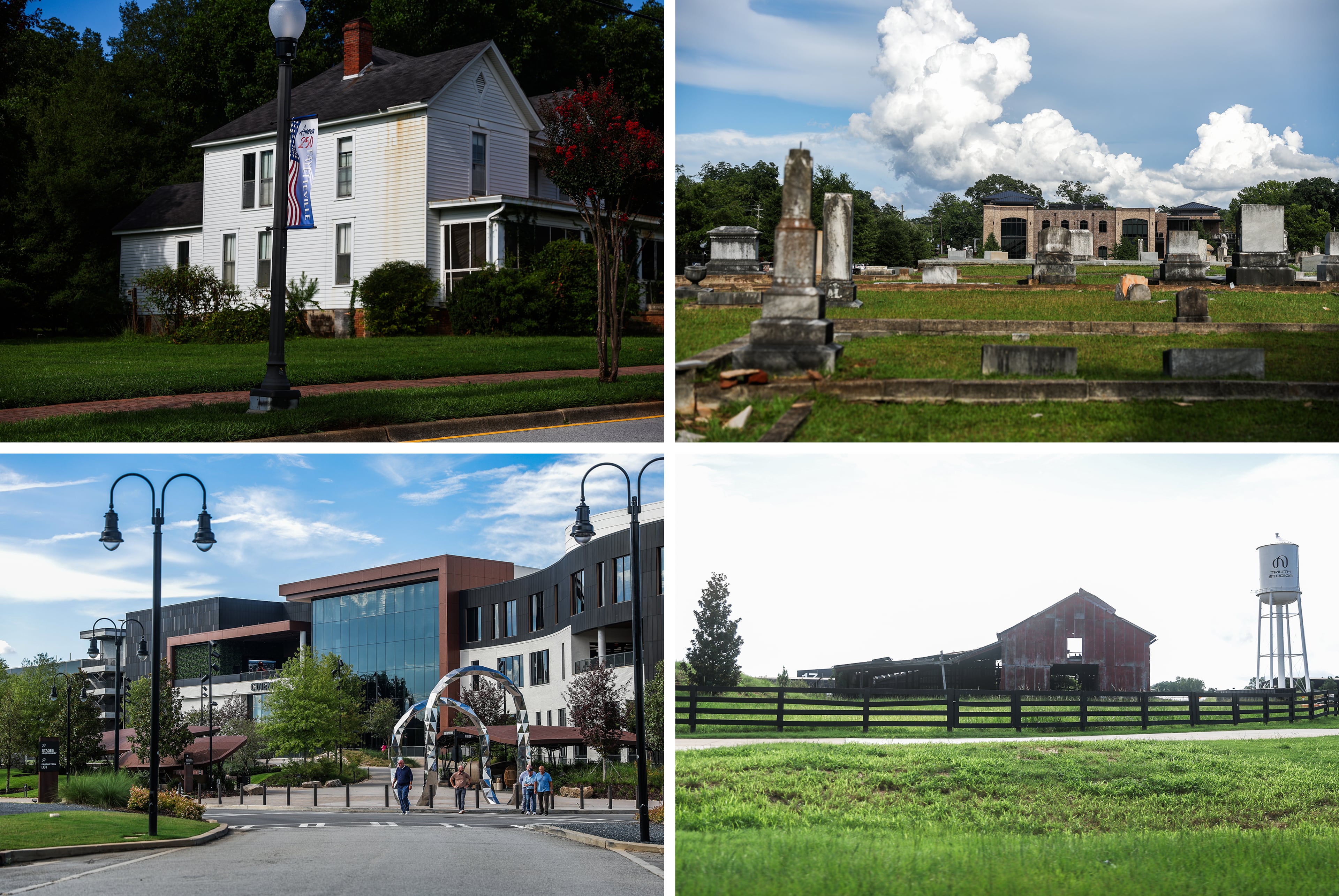 Clockwise from top left, a sign celebrating America’s 250th birthday adorns a lamppost outside a house in Fayetteville; clouds hover over Fayetteville City Cemetery; the Trilith Studios water tower is seen behind an old Fayetteville barn; pedestrians cross the street in Trilith on Tuesday, Aug. 4, 2026. (Abbey Cutrer/AJC)