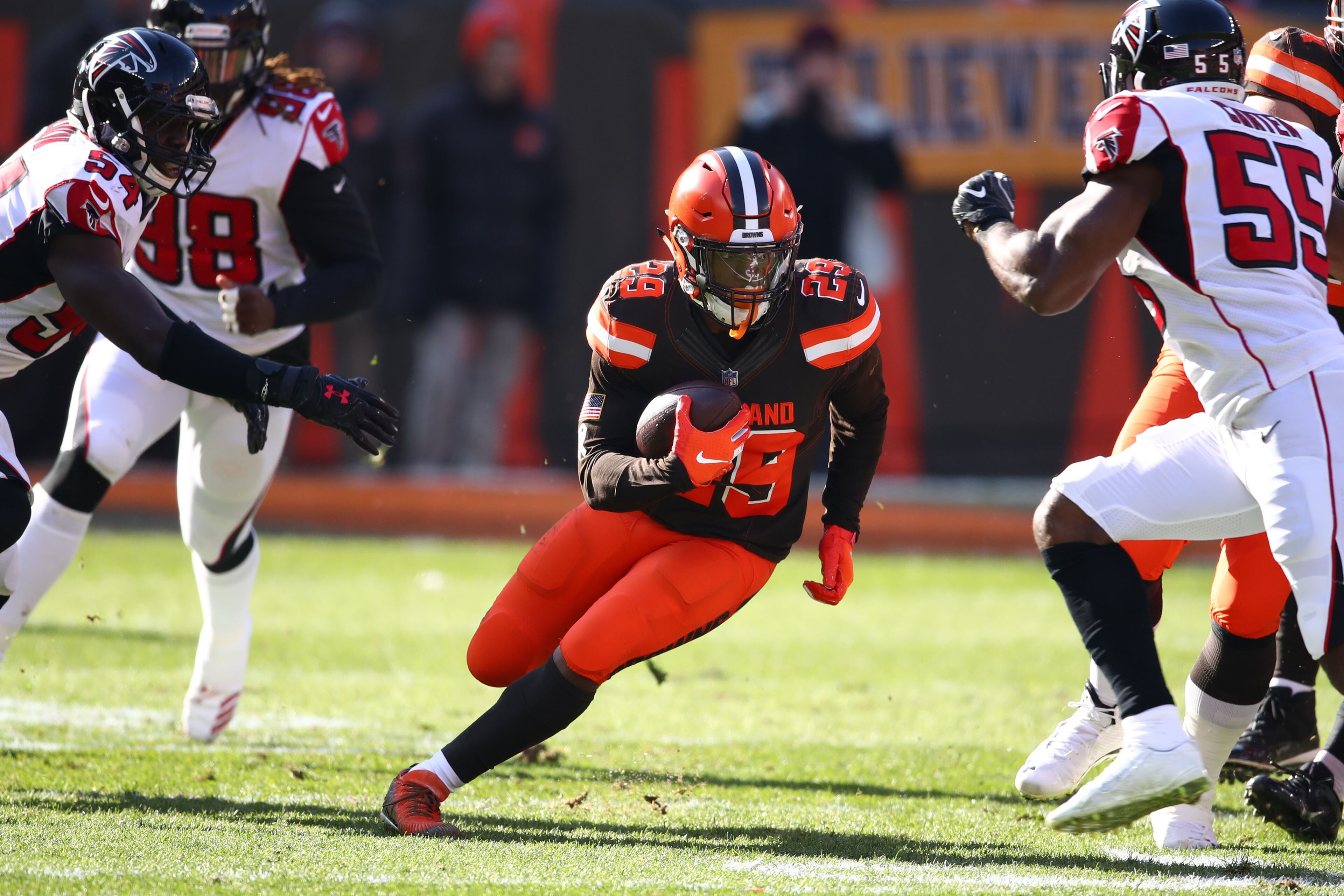 CLEVELAND, OH - NOVEMBER 11: Duke Johnson #29 of the Cleveland Browns runs the ball in the first half against the Atlanta Falcons at FirstEnergy Stadium on November 11, 2018 in Cleveland, Ohio. (Photo by Gregory Shamus/Getty Images)