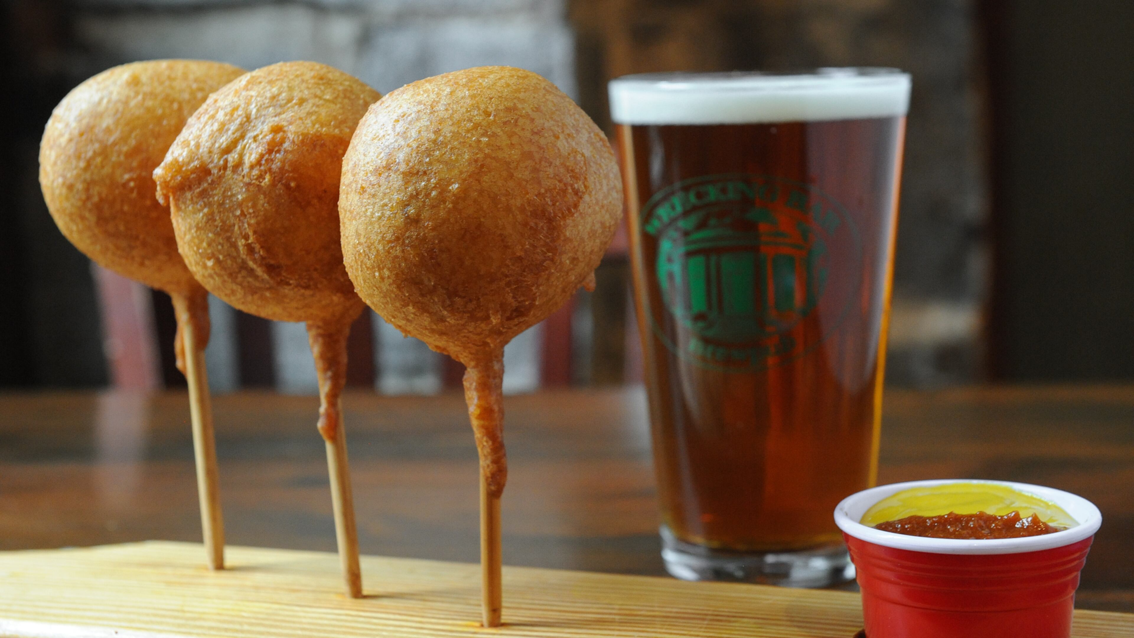 Corn Pups with Victor IPA at Wrecking Bar. (Beckystein.com)
